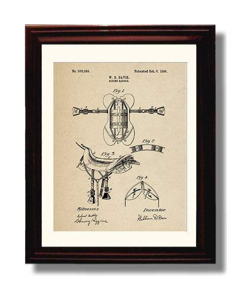 Patent Print - Riding Saddle - William D. Davis - 1896 - Patent 568939 Patent Wall Art