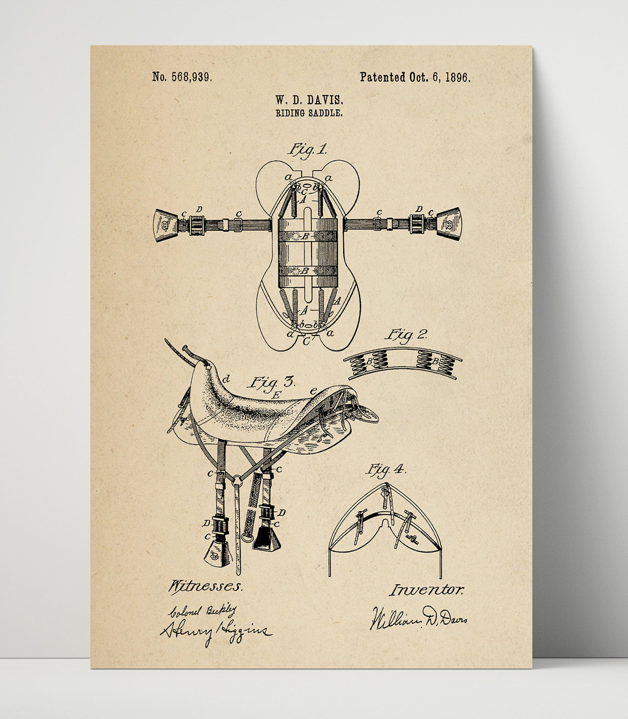 Patent Print - Riding Saddle - William D. Davis - 1896 - Patent 568939 Patent Wall Art