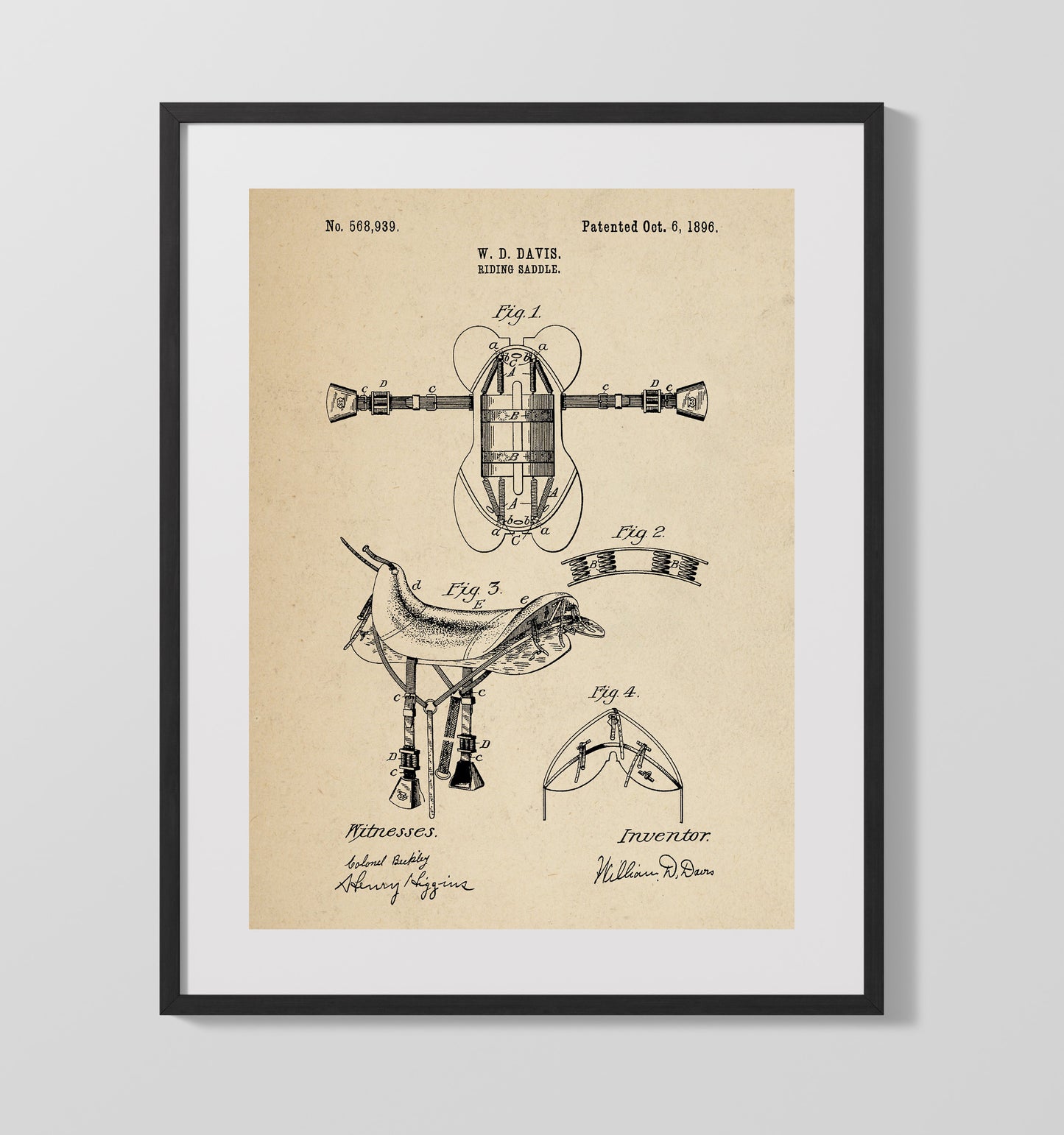 Patent Print - Riding Saddle - William D. Davis - 1896 - Patent 568939 Patent Wall Art