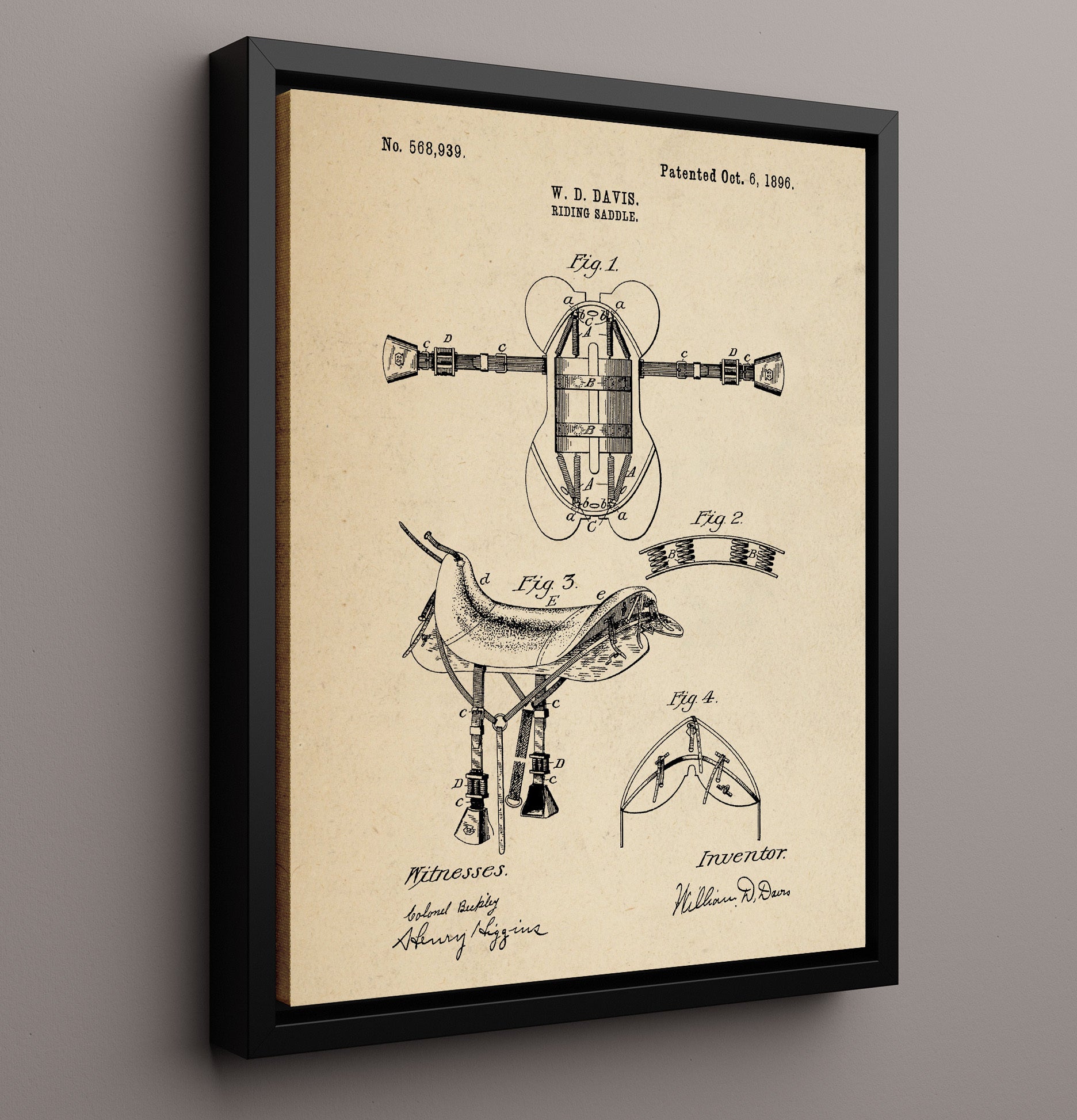 Patent Print - Riding Saddle - William D. Davis - 1896 - Patent 568939 Patent Wall Art