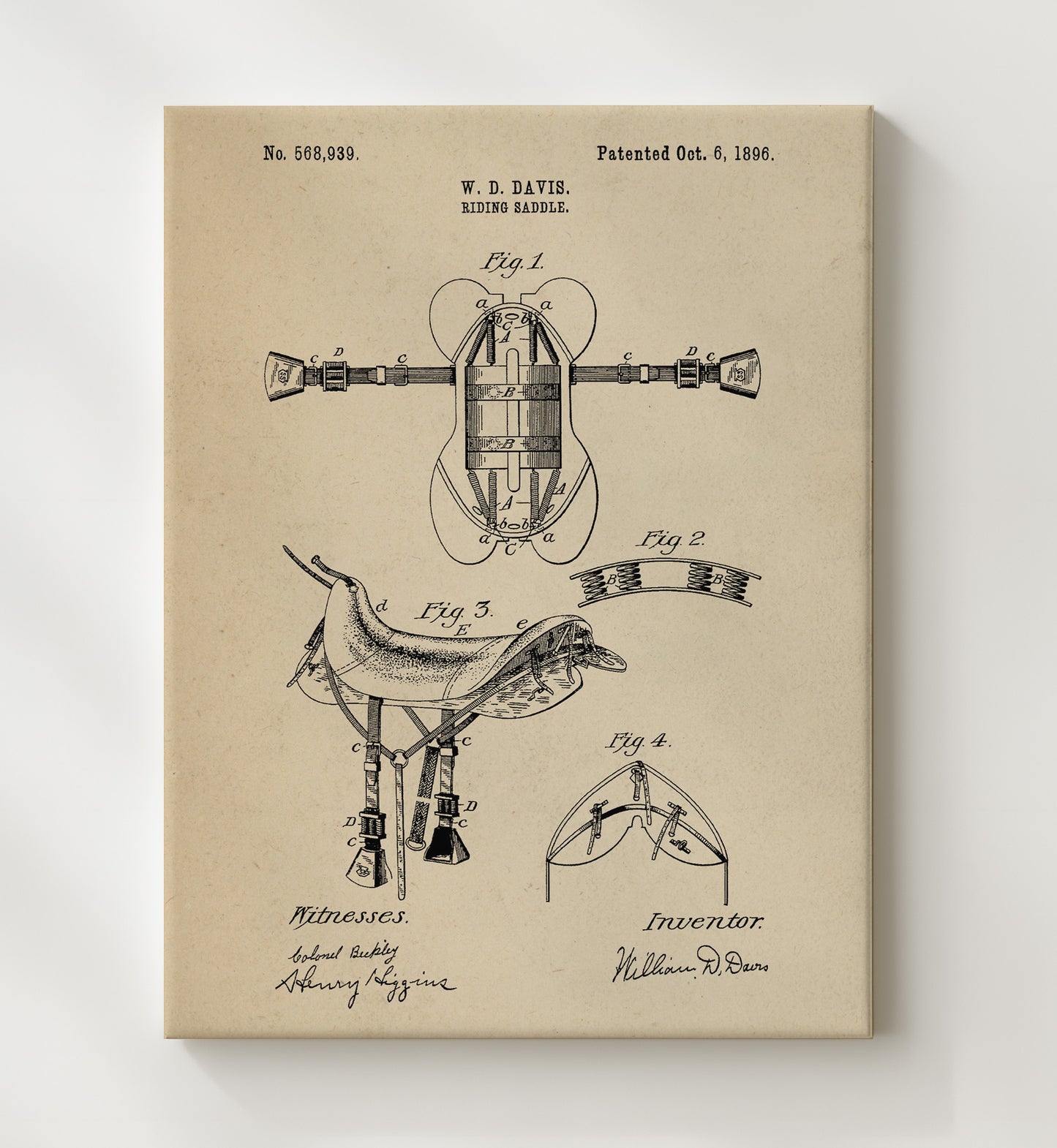Patent Print - Riding Saddle - William D. Davis - 1896 - Patent 568939 Patent Wall Art