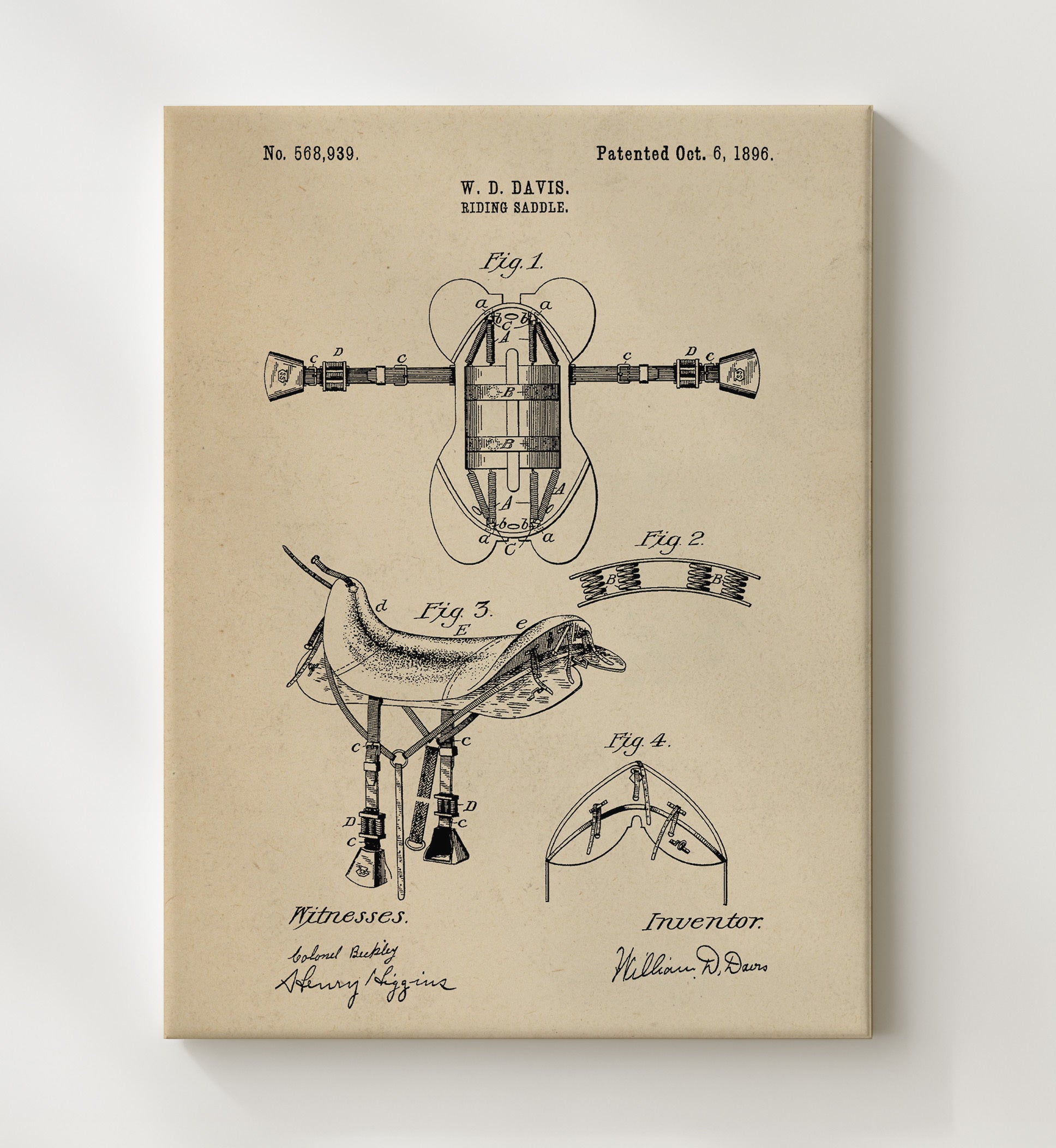 Patent Print - Riding Saddle - William D. Davis - 1896 - Patent 568939 Patent Wall Art