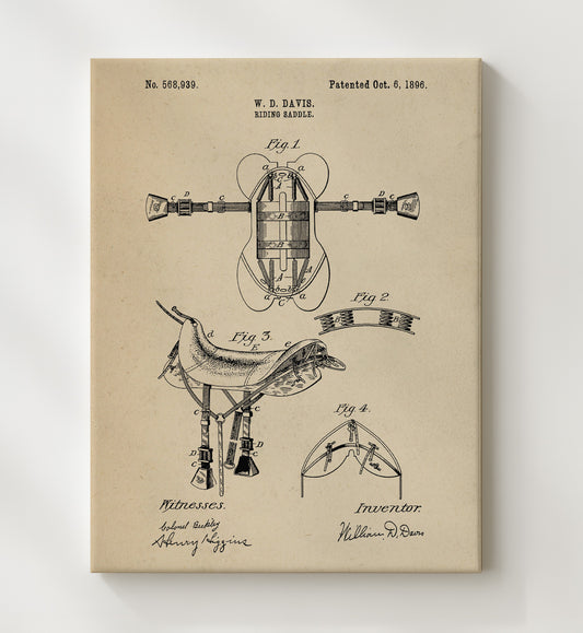 Riding Saddle 1896 patent print wall art 8x10 Canvas