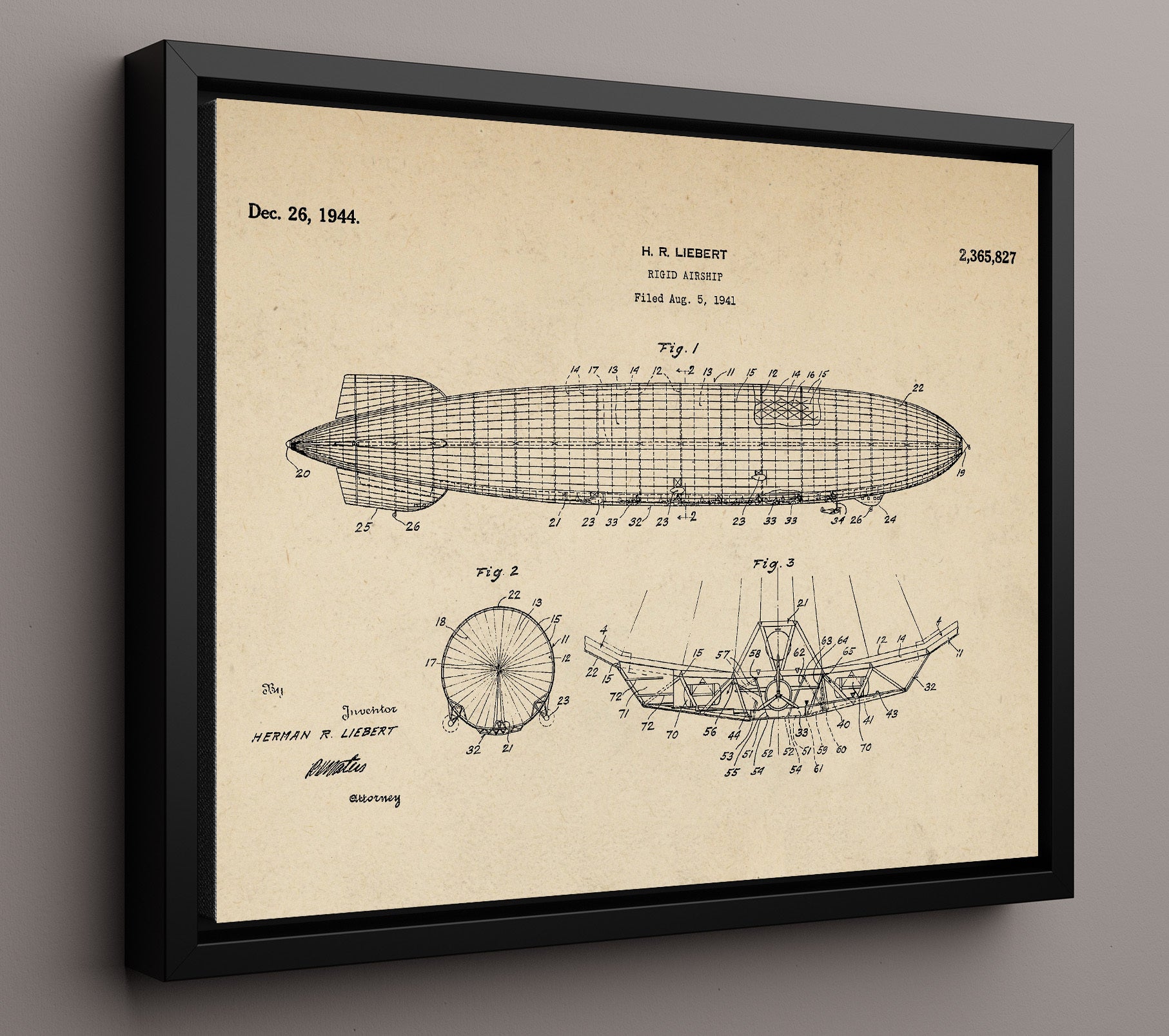 Patent Print - Rigid Airship - Herman R Liebert - 1944 - Patent 2365827 - Landscape Patent Wall Art
