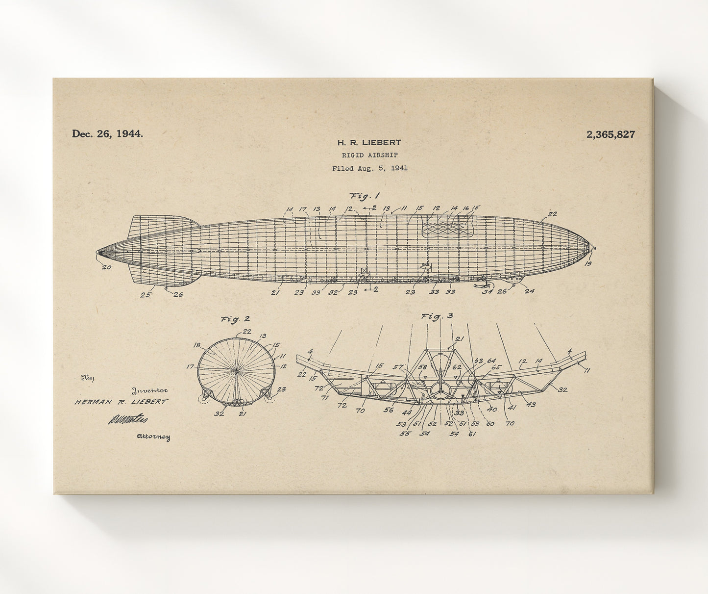 Patent Print - Rigid Airship - Herman R Liebert - 1944 - Patent 2365827 - Landscape Patent Wall Art