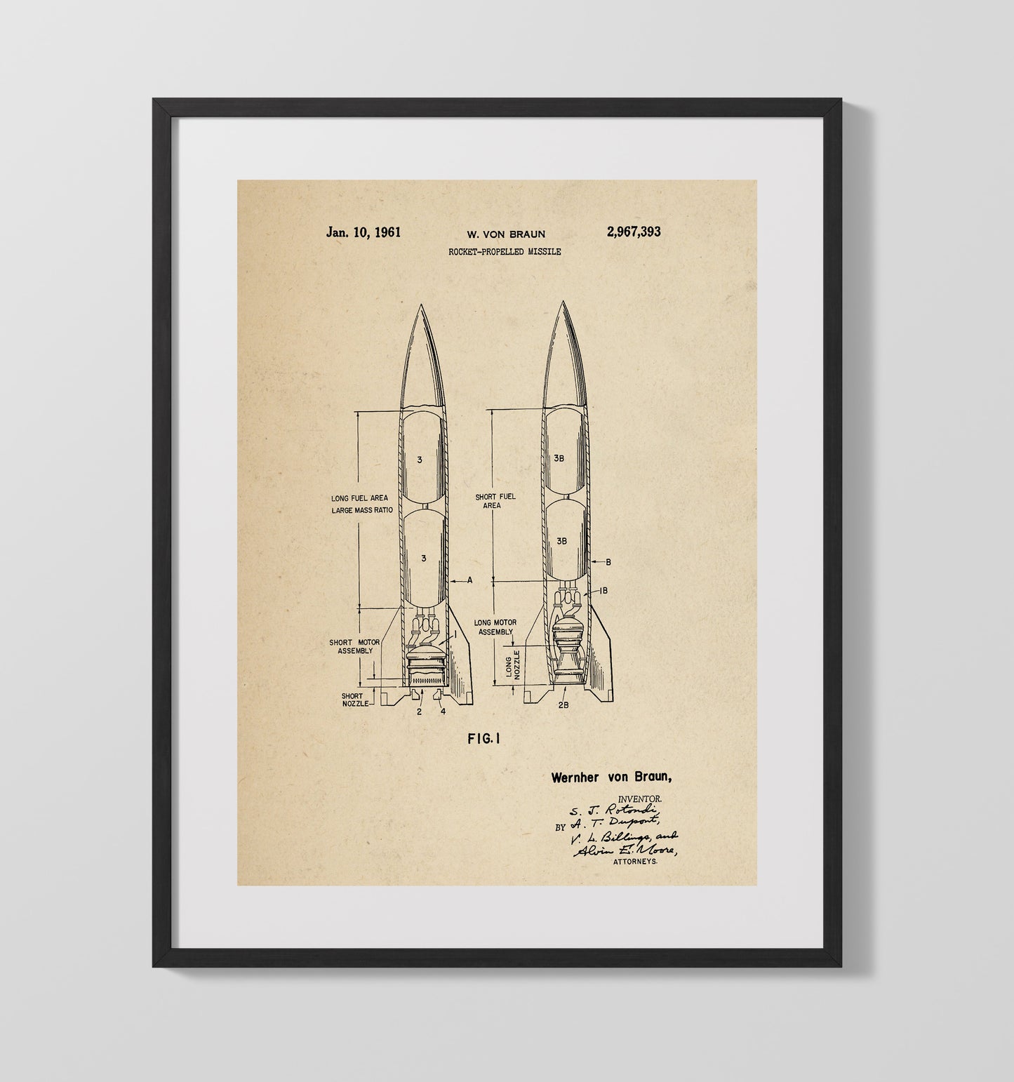 Patent Print - Rocket-Propelled Missile - Wernher Von Braun - 1961 - Patent 2967393 Patent Wall Art