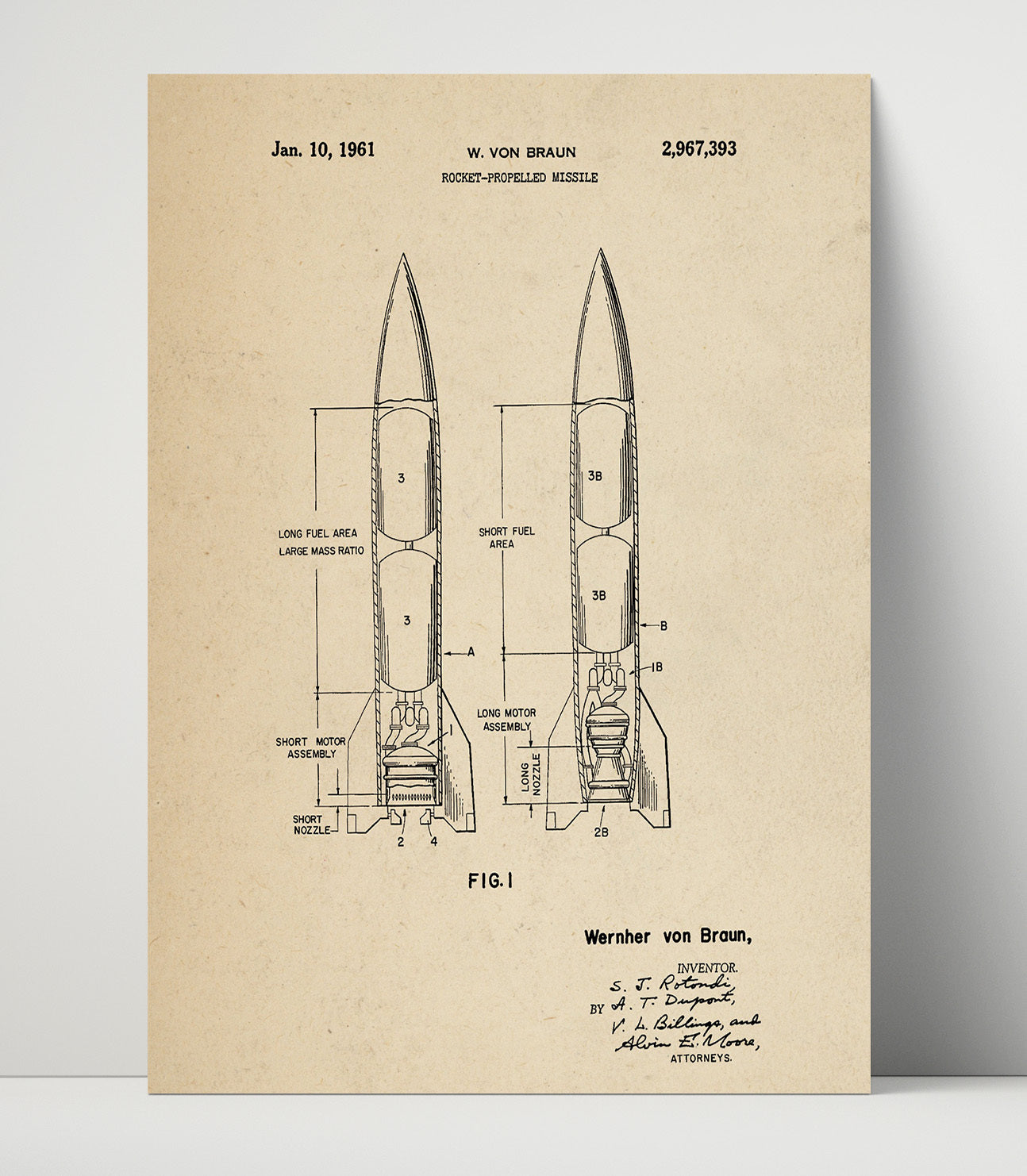Patent Print - Rocket-Propelled Missile - Wernher Von Braun - 1961 - Patent 2967393 Patent Wall Art