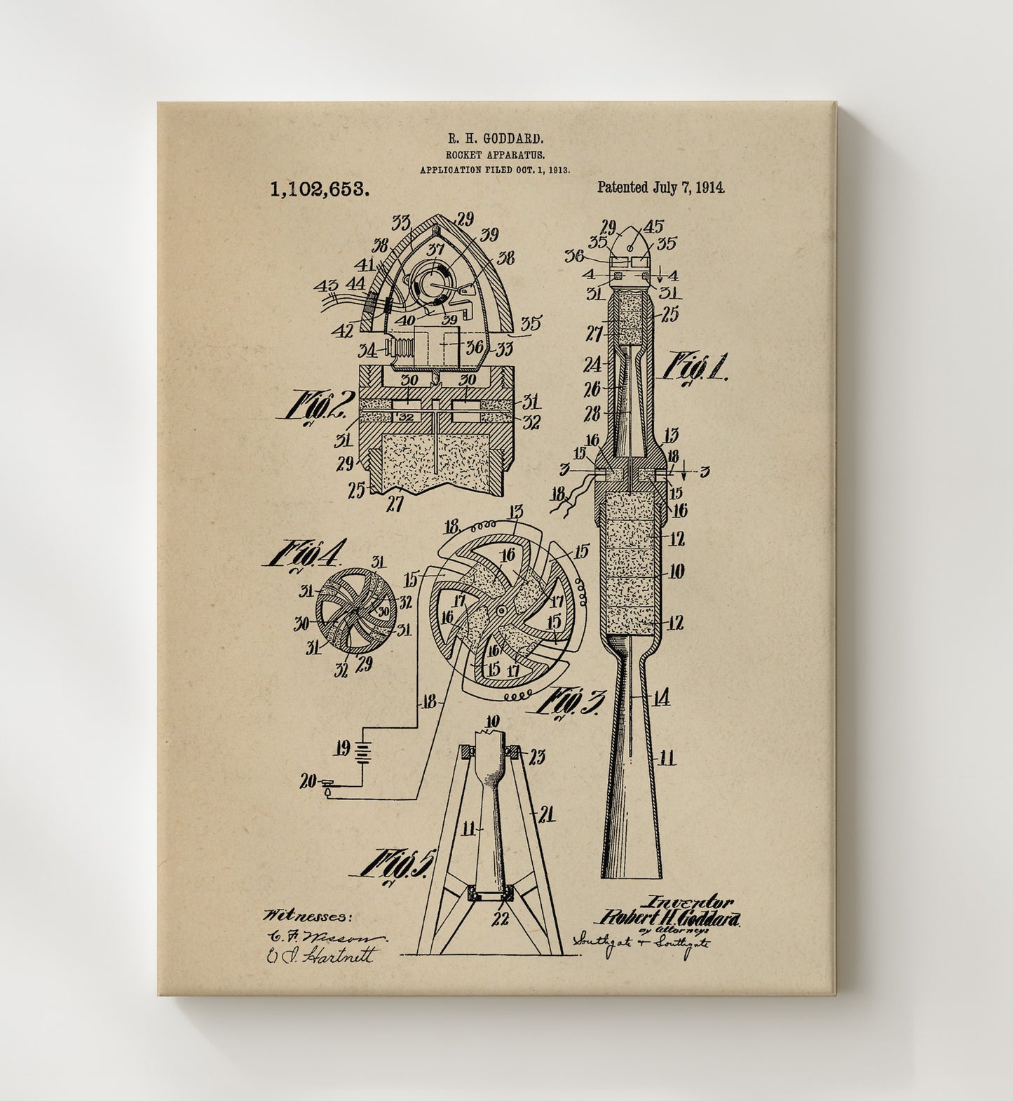 Patent Print - Rocket Apparatus - Robert H Goddard - 1914 - Patent 1102653 Patent Wall Art
