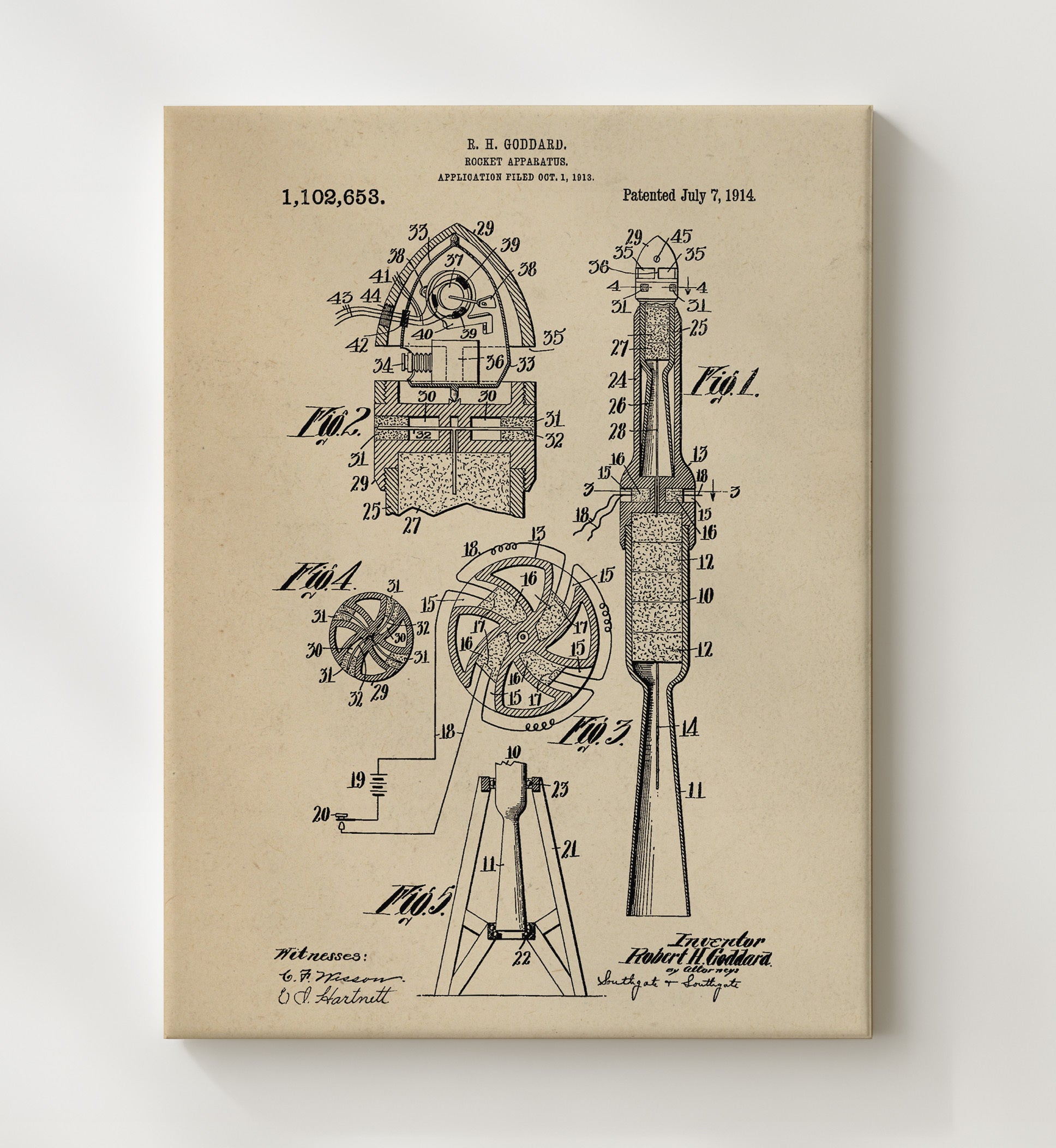 Patent Print - Rocket Apparatus - Robert H Goddard - 1914 - Patent 1102653 Patent Wall Art