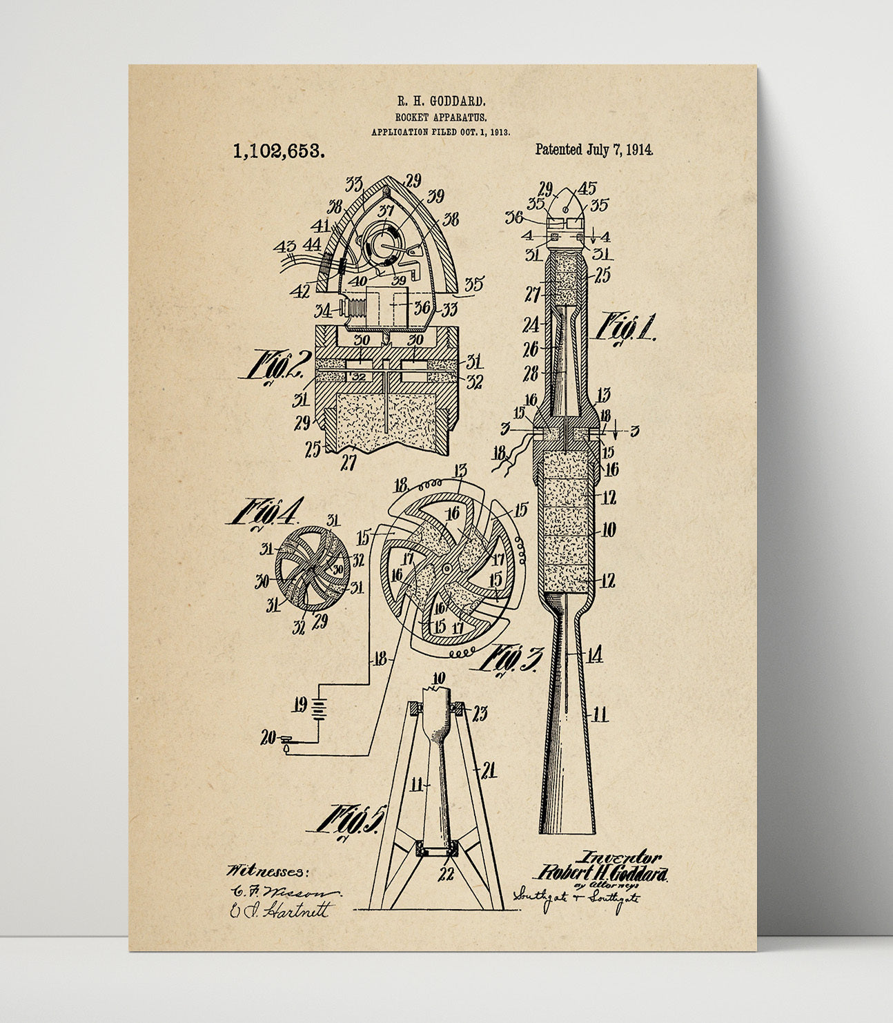 Patent Print - Rocket Apparatus - Robert H Goddard - 1914 - Patent 1102653 Patent Wall Art