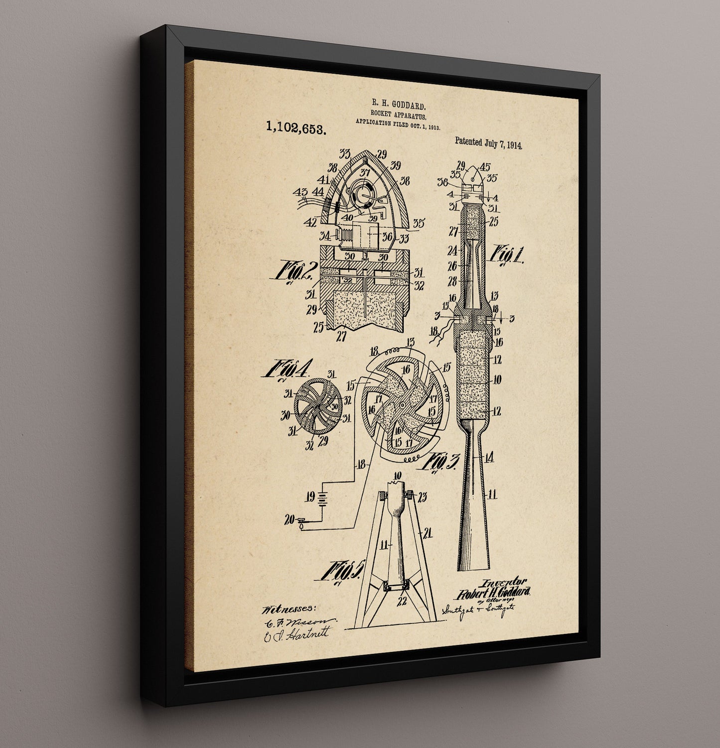 Patent Print - Rocket Apparatus - Robert H Goddard - 1914 - Patent 1102653 Patent Wall Art