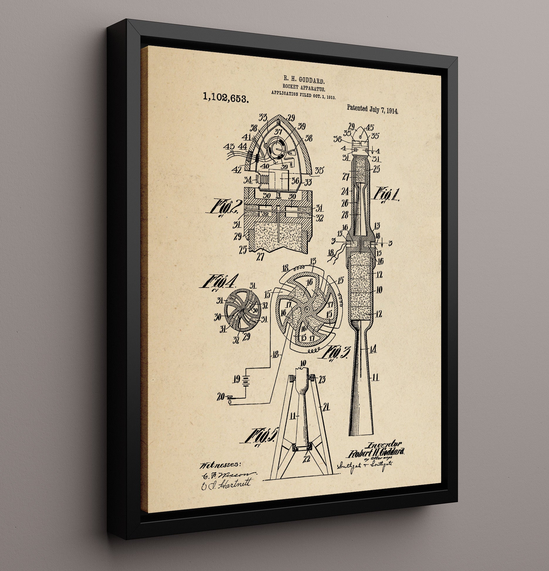 Patent Print - Rocket Apparatus - Robert H Goddard - 1914 - Patent 1102653 Patent Wall Art