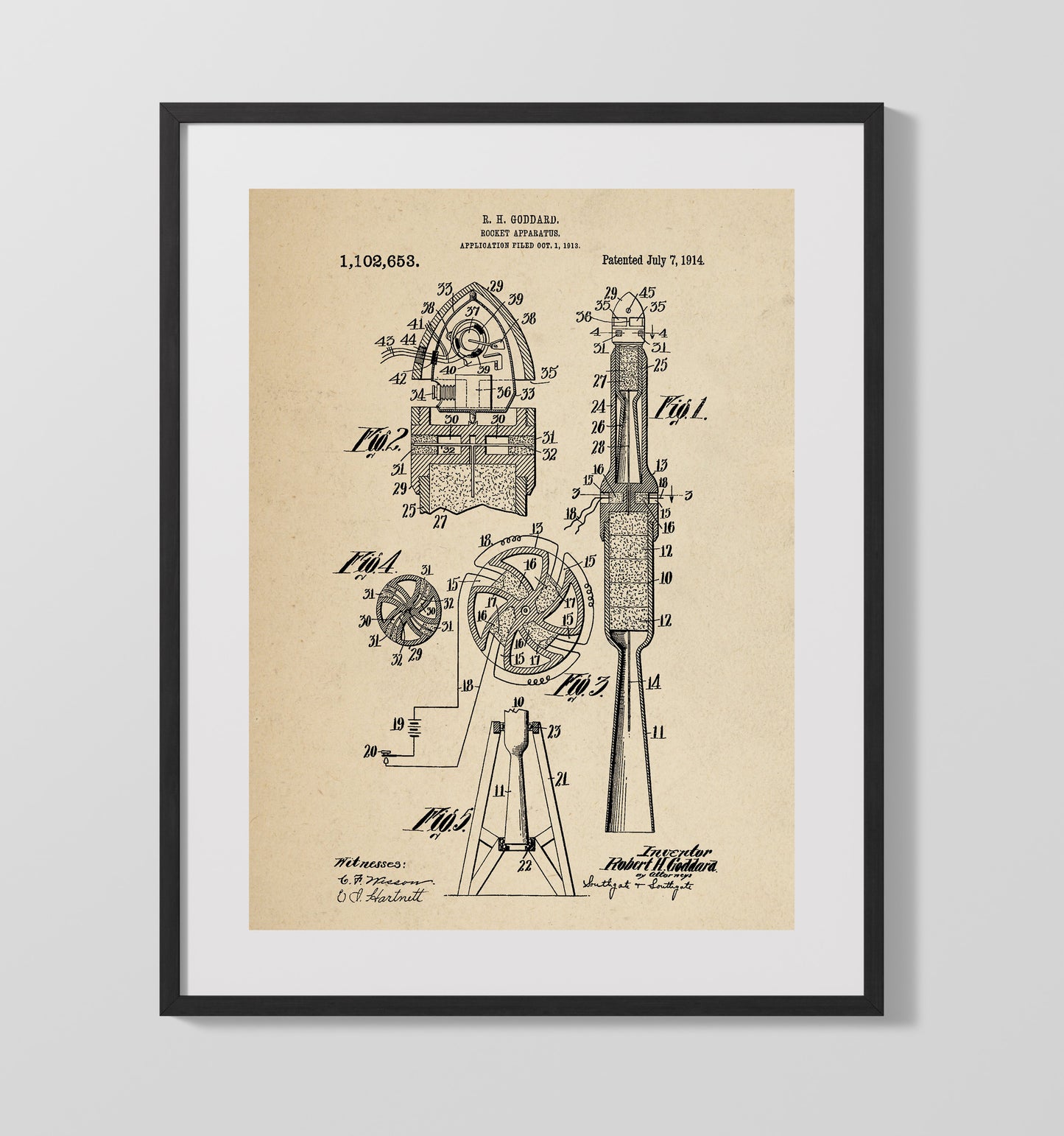 Patent Print - Rocket Apparatus - Robert H Goddard - 1914 - Patent 1102653 Patent Wall Art