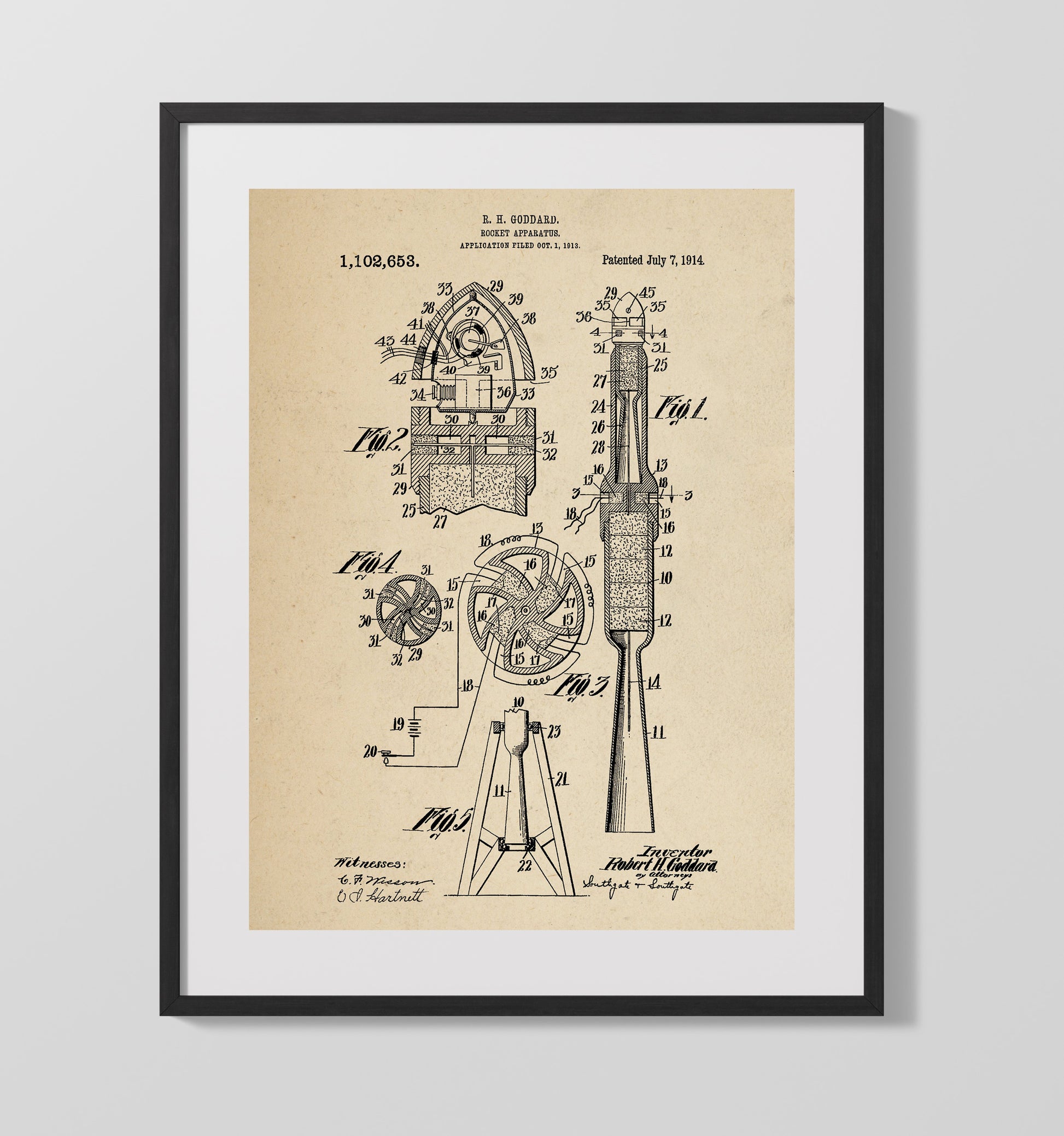 Patent Print - Rocket Apparatus - Robert H Goddard - 1914 - Patent 1102653 Patent Wall Art