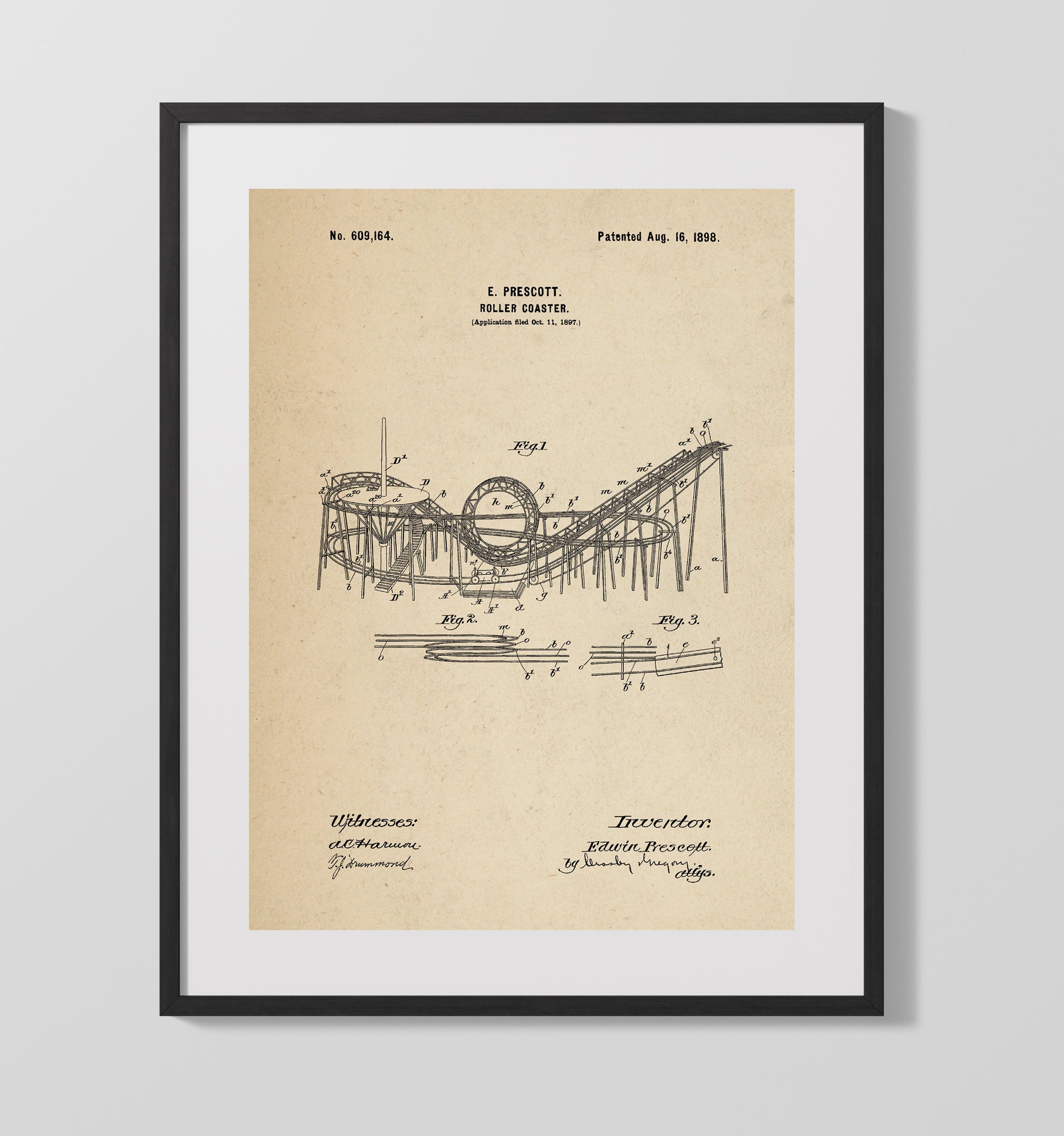 Patent Print - Roller Coaster - Edwin Prescott - 1898 - Patent 609164 Patent Wall Art