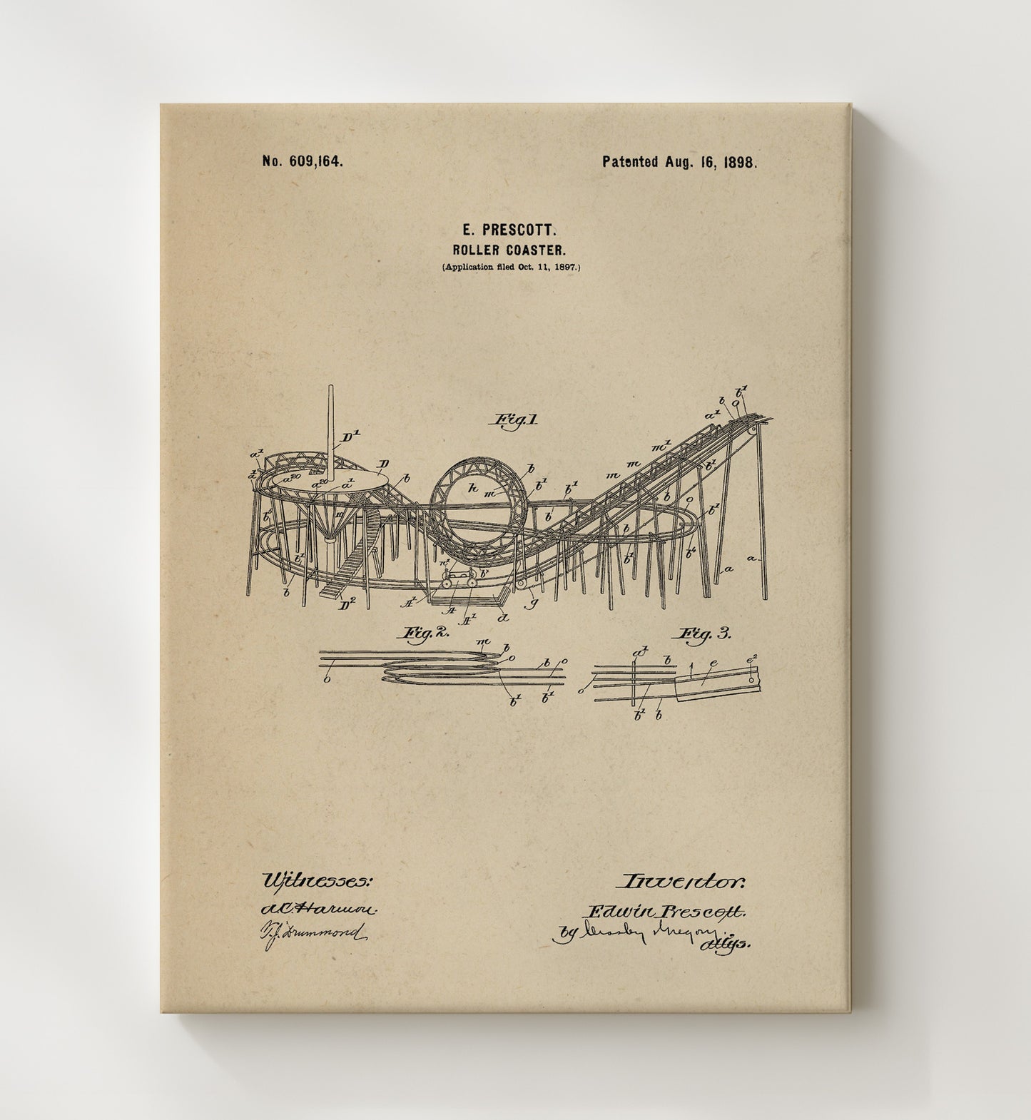 Patent Print - Roller Coaster - Edwin Prescott - 1898 - Patent 609164 Patent Wall Art