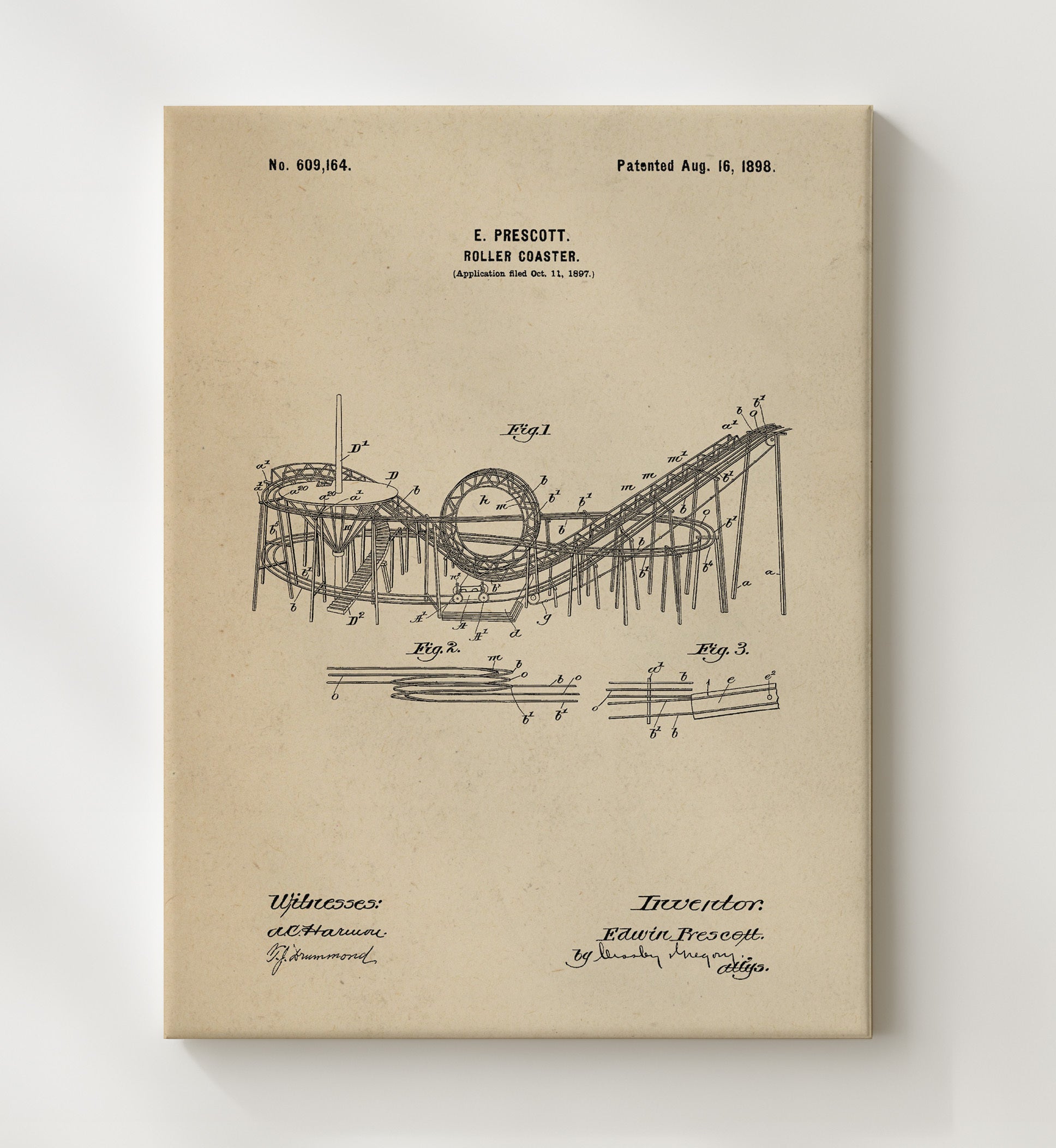 Patent Print - Roller Coaster - Edwin Prescott - 1898 - Patent 609164 Patent Wall Art