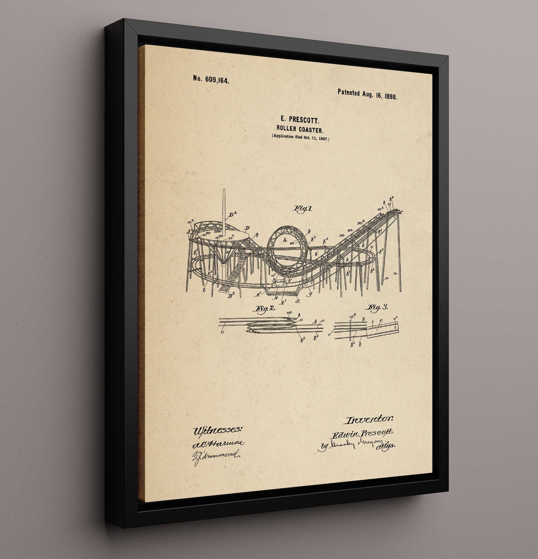Patent Print - Roller Coaster - Edwin Prescott - 1898 - Patent 609164 Patent Wall Art