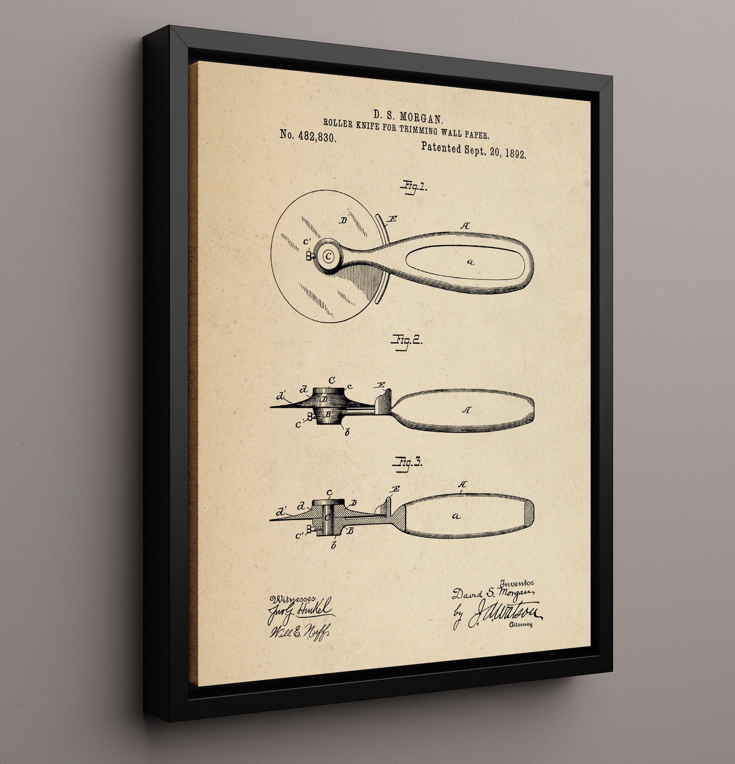 Patent Print - Roller Knife For Trimming Wall Paper - D.S. Morgan - 1892 - Patent 482830 Patent Wall Art
