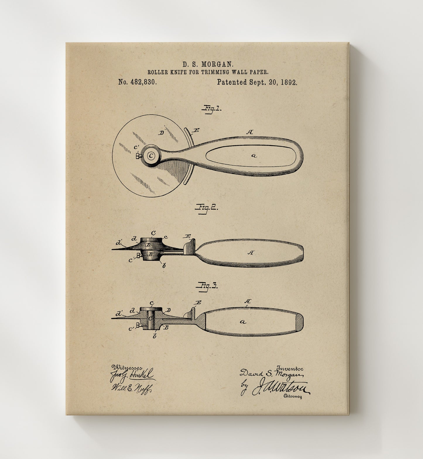Patent Print - Roller Knife For Trimming Wall Paper - D.S. Morgan - 1892 - Patent 482830 Patent Wall Art