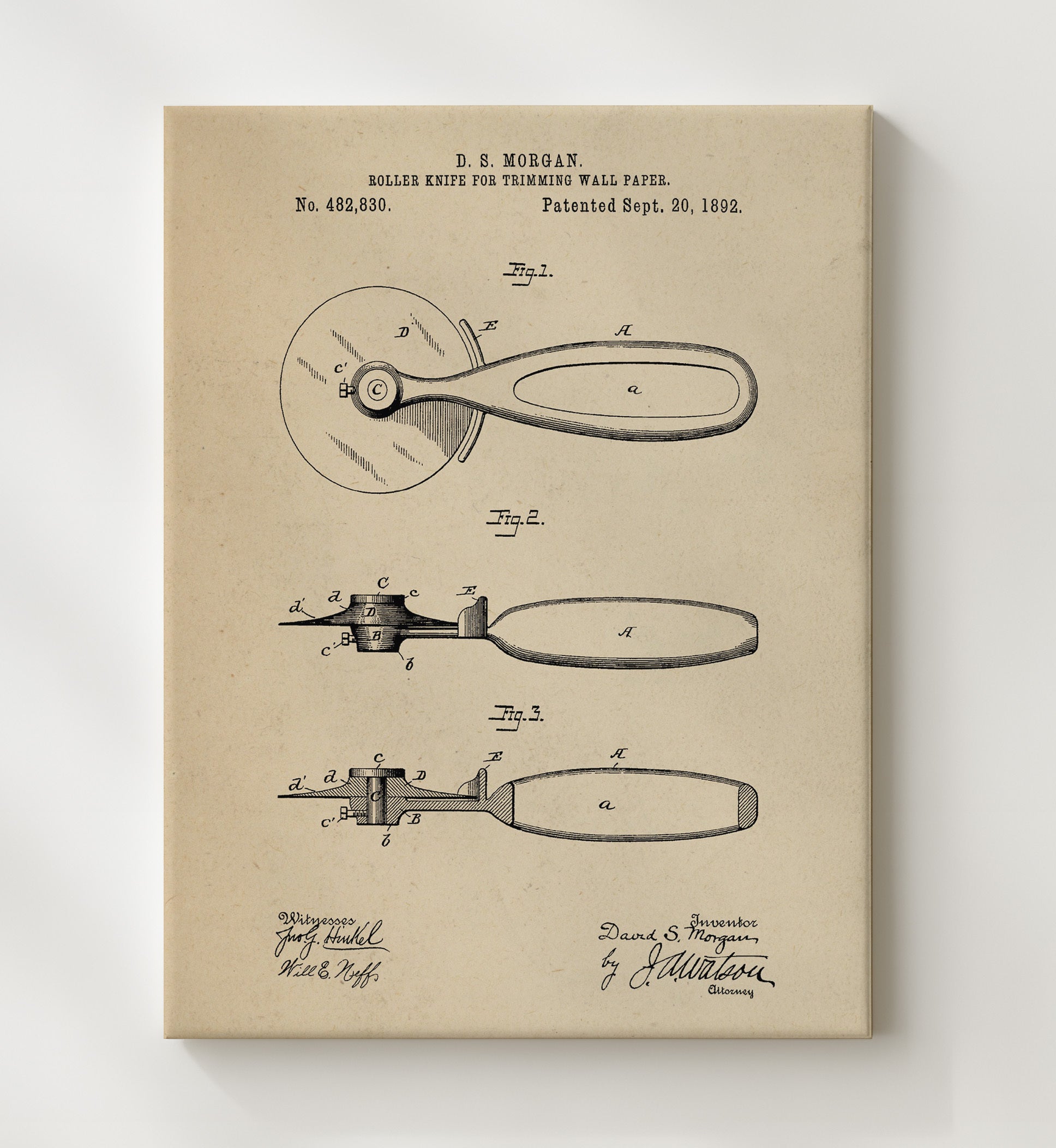 Patent Print - Roller Knife For Trimming Wall Paper - D.S. Morgan - 1892 - Patent 482830 Patent Wall Art