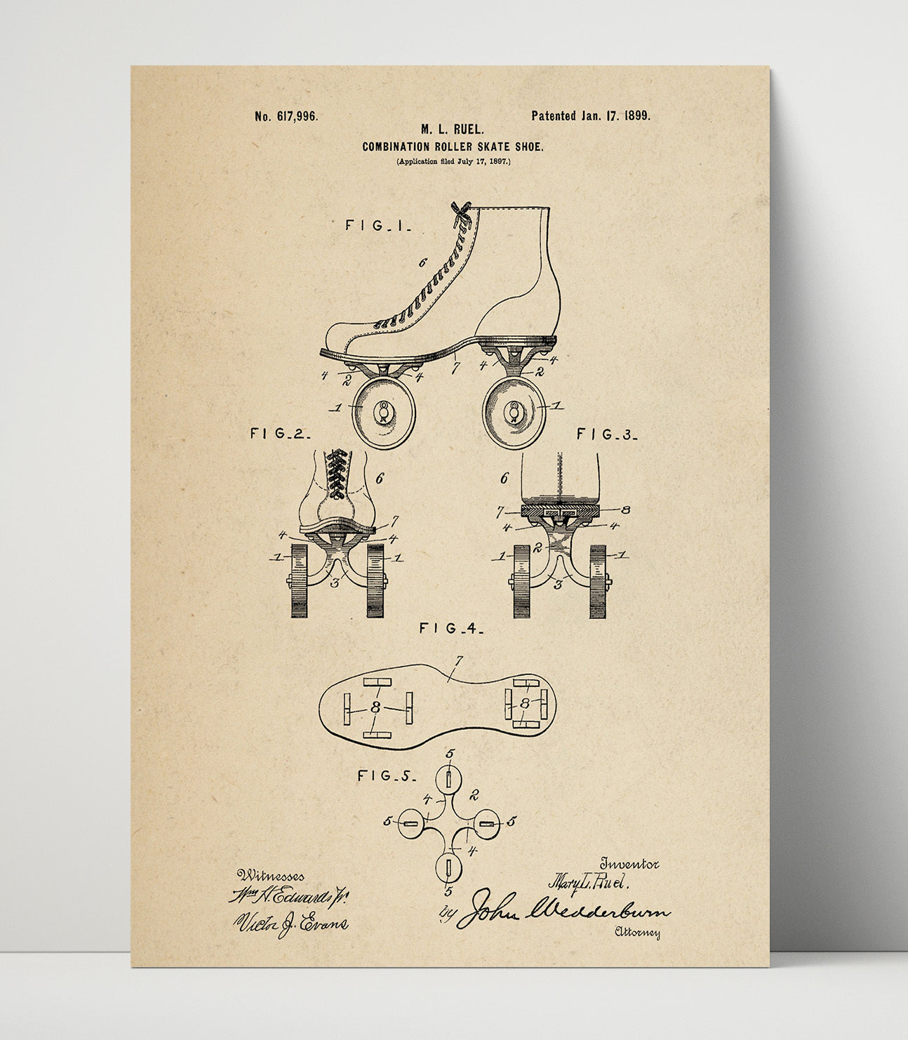 Patent Print - Roller Skate Shoe - M L Ruel - 1899 - Patent 617996 Patent Wall Art