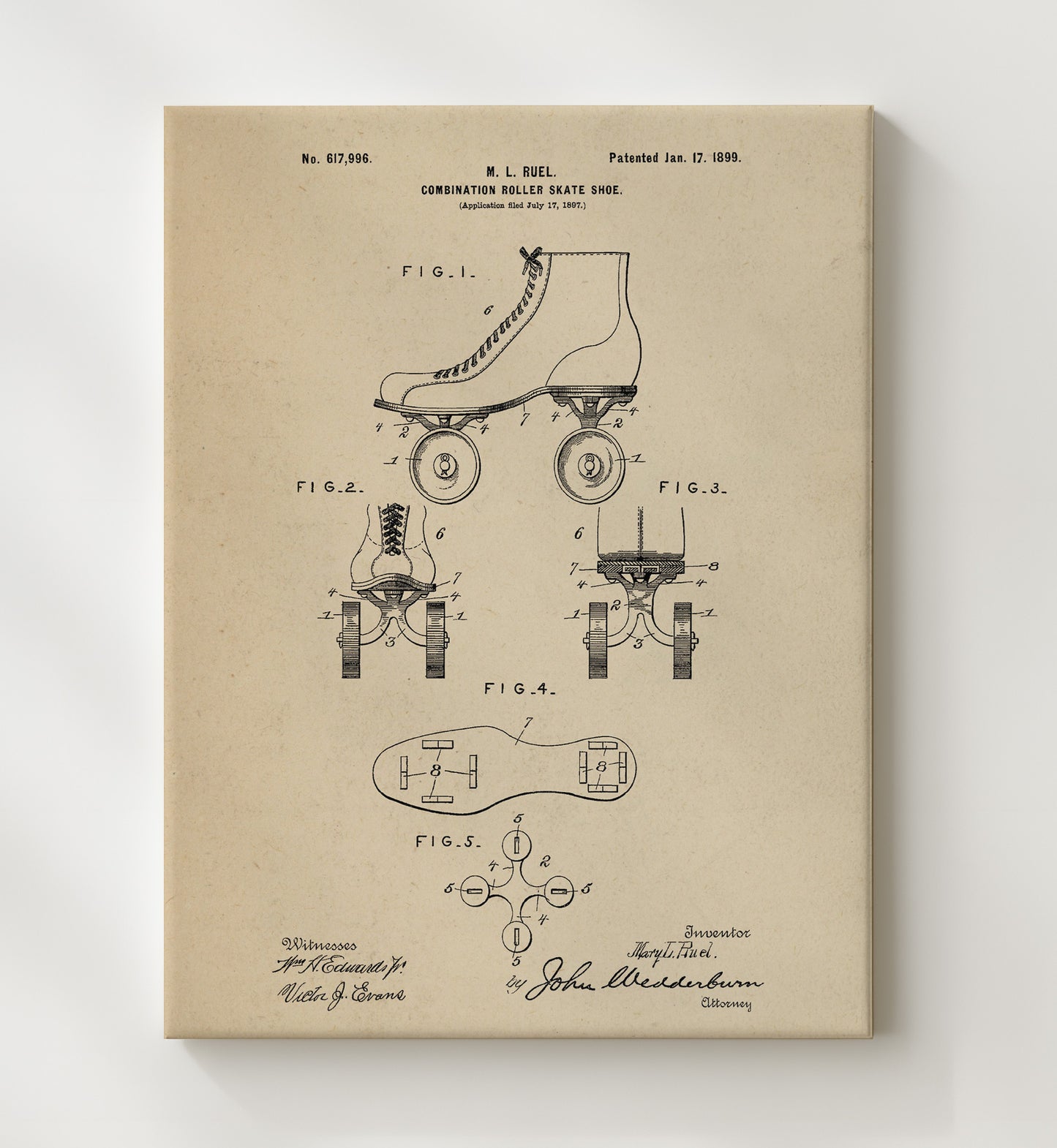 Patent Print - Roller Skate Shoe - M L Ruel - 1899 - Patent 617996 Patent Wall Art