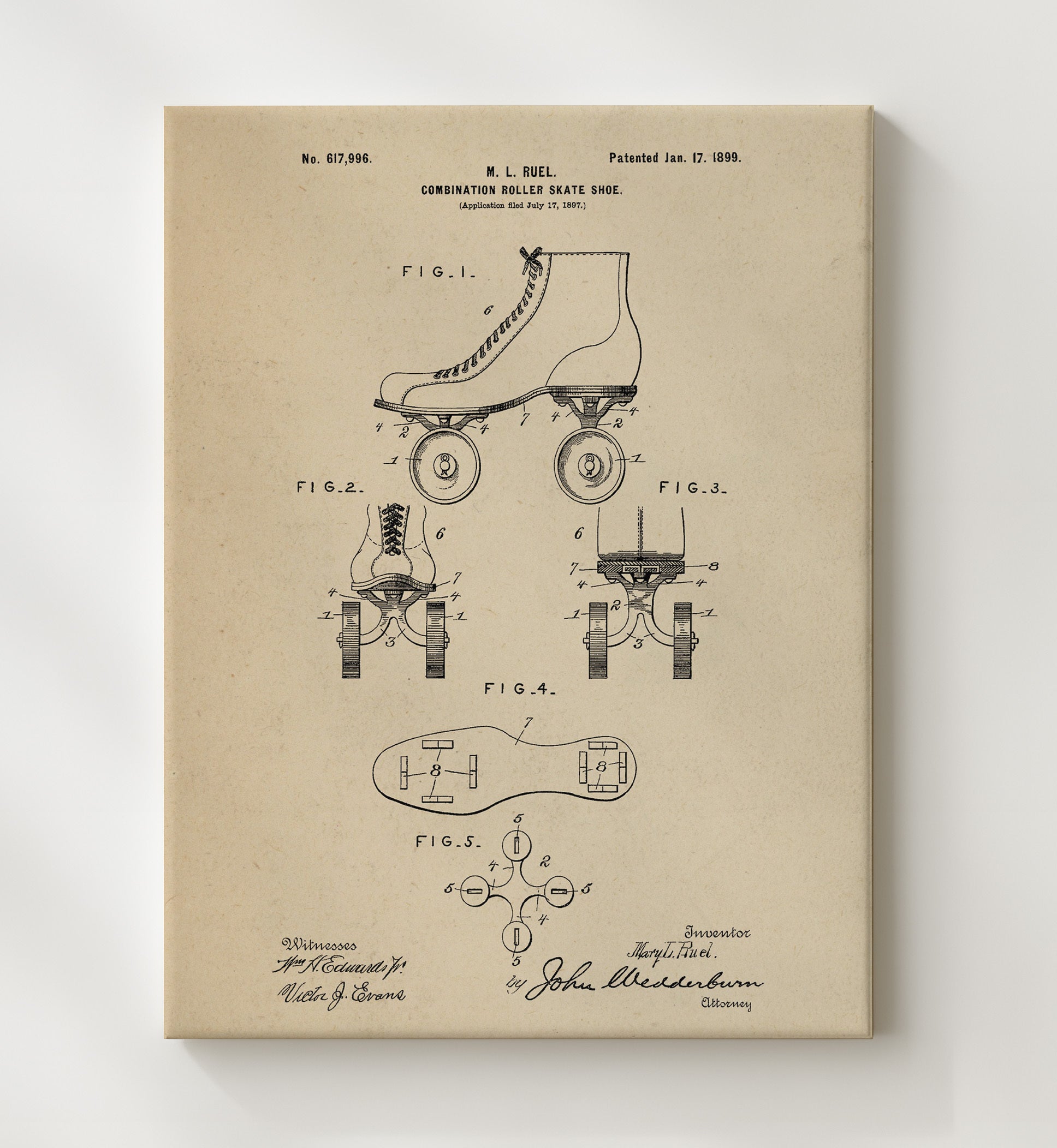 Patent Print - Roller Skate Shoe - M L Ruel - 1899 - Patent 617996 Patent Wall Art
