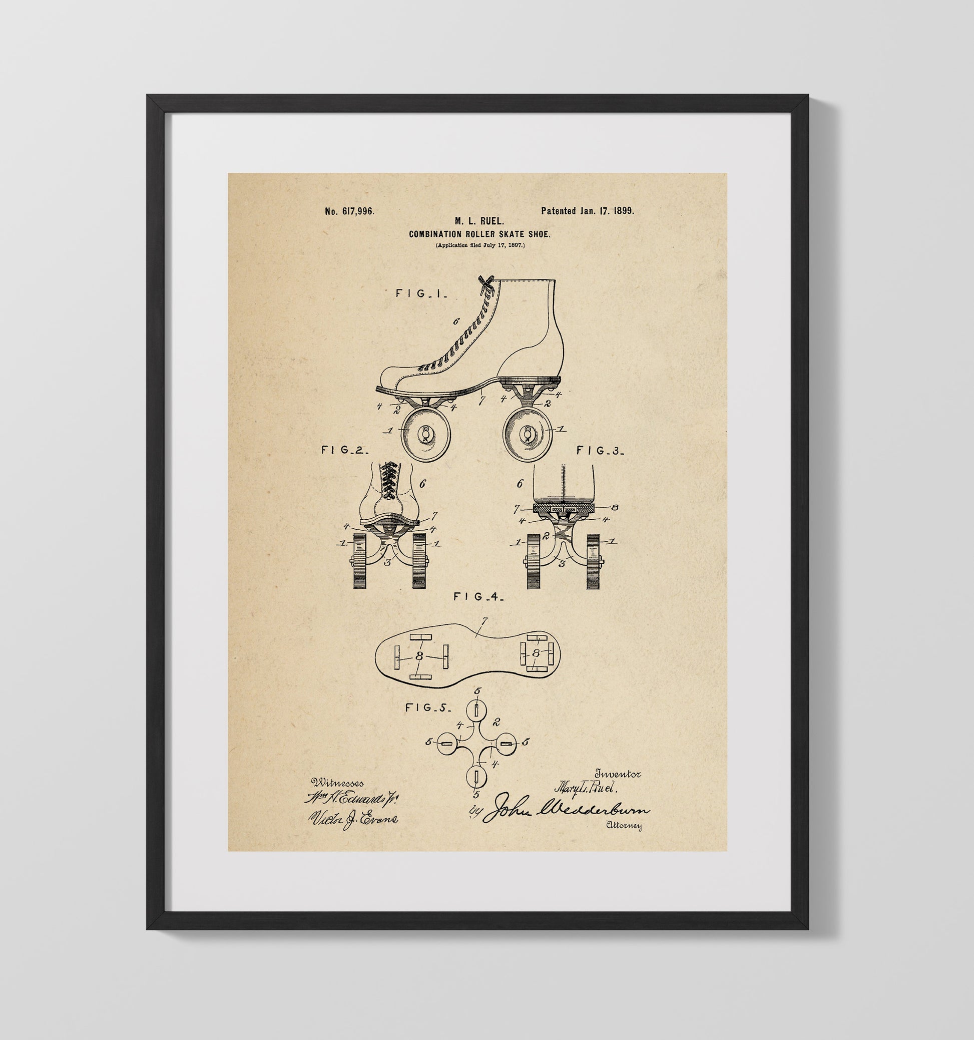 Patent Print - Roller Skate Shoe - M L Ruel - 1899 - Patent 617996 Patent Wall Art