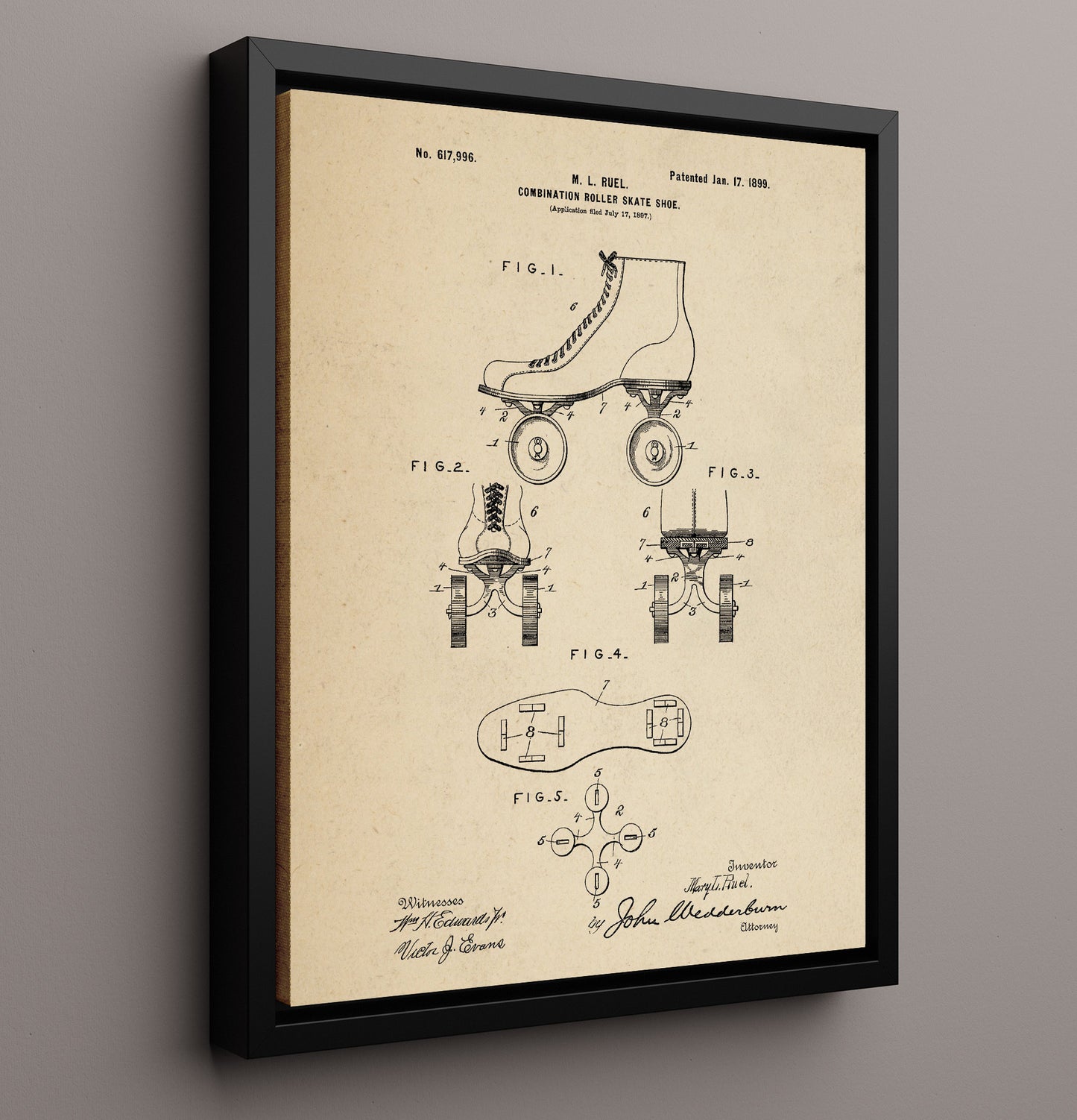 Patent Print - Roller Skate Shoe - M L Ruel - 1899 - Patent 617996 Patent Wall Art