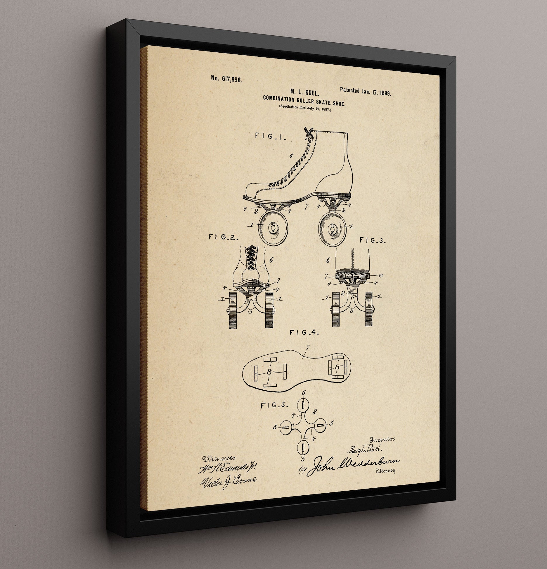 Patent Print - Roller Skate Shoe - M L Ruel - 1899 - Patent 617996 Patent Wall Art