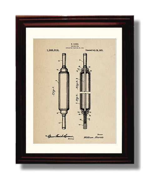 Patent Print - Rolling Pin - W. Harris - 1921 - Patent 1385916 Patent Wall Art