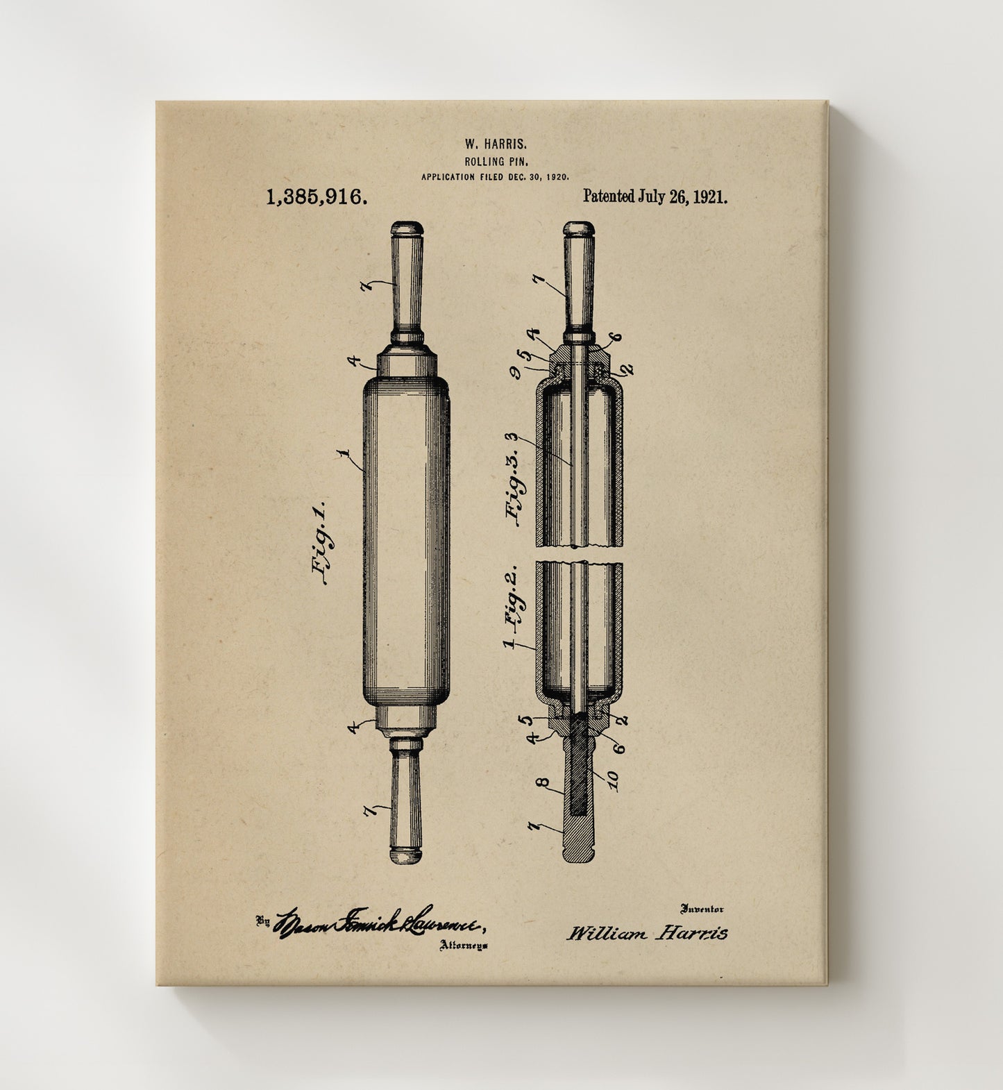 Patent Print - Rolling Pin - W. Harris - 1921 - Patent 1385916 Patent Wall Art