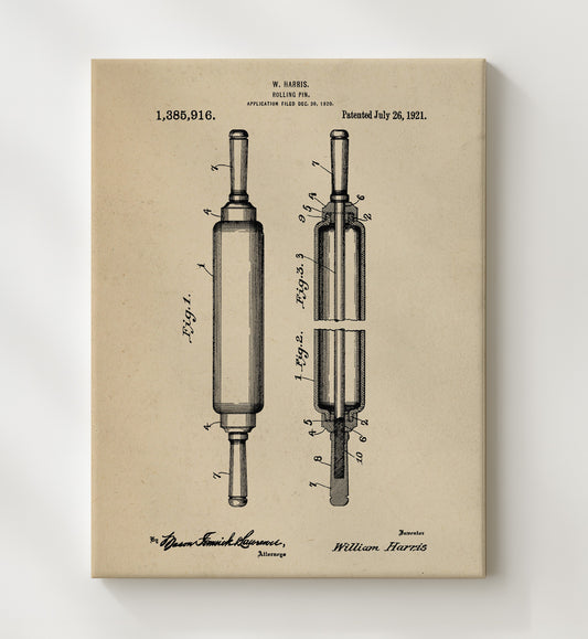 Rolling Pin 1921 patent print wall art 8x10 Canvas