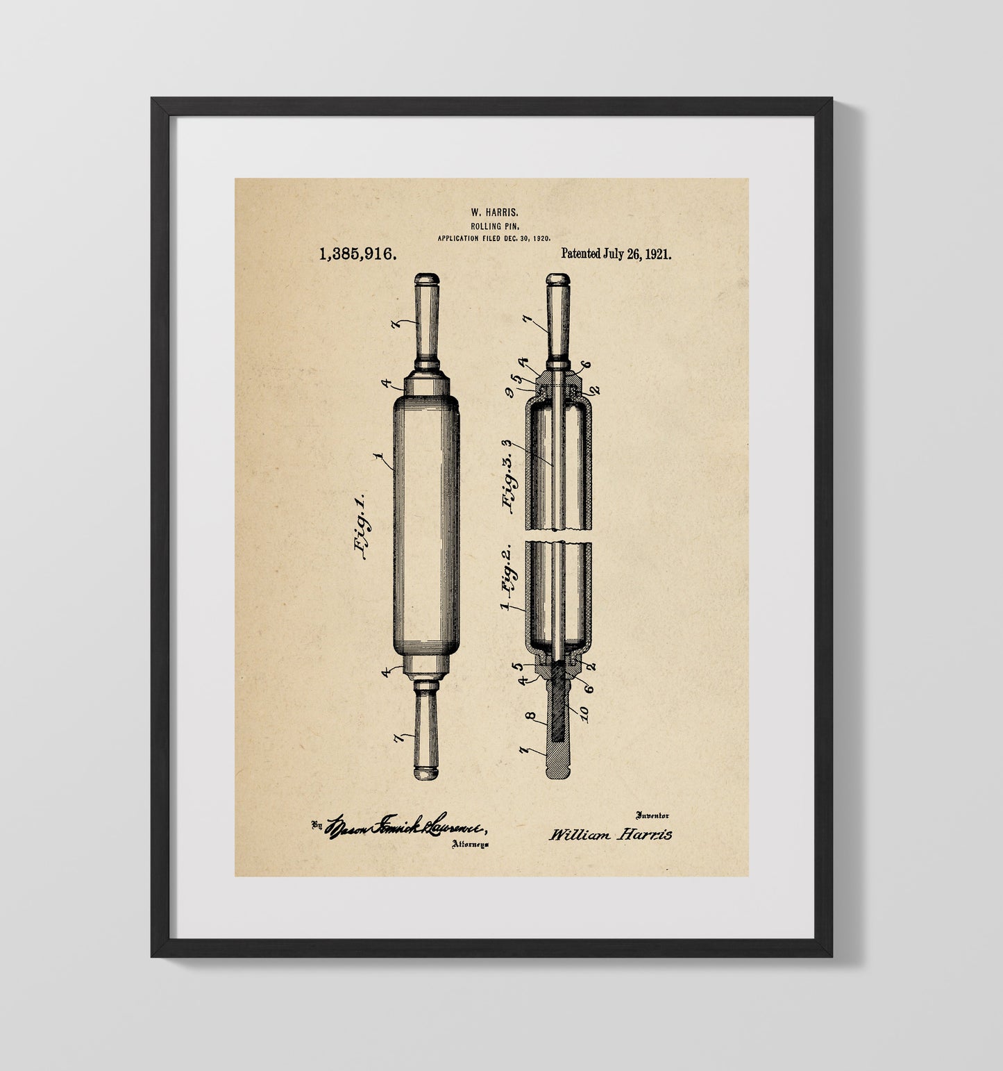 Patent Print - Rolling Pin - W. Harris - 1921 - Patent 1385916 Patent Wall Art