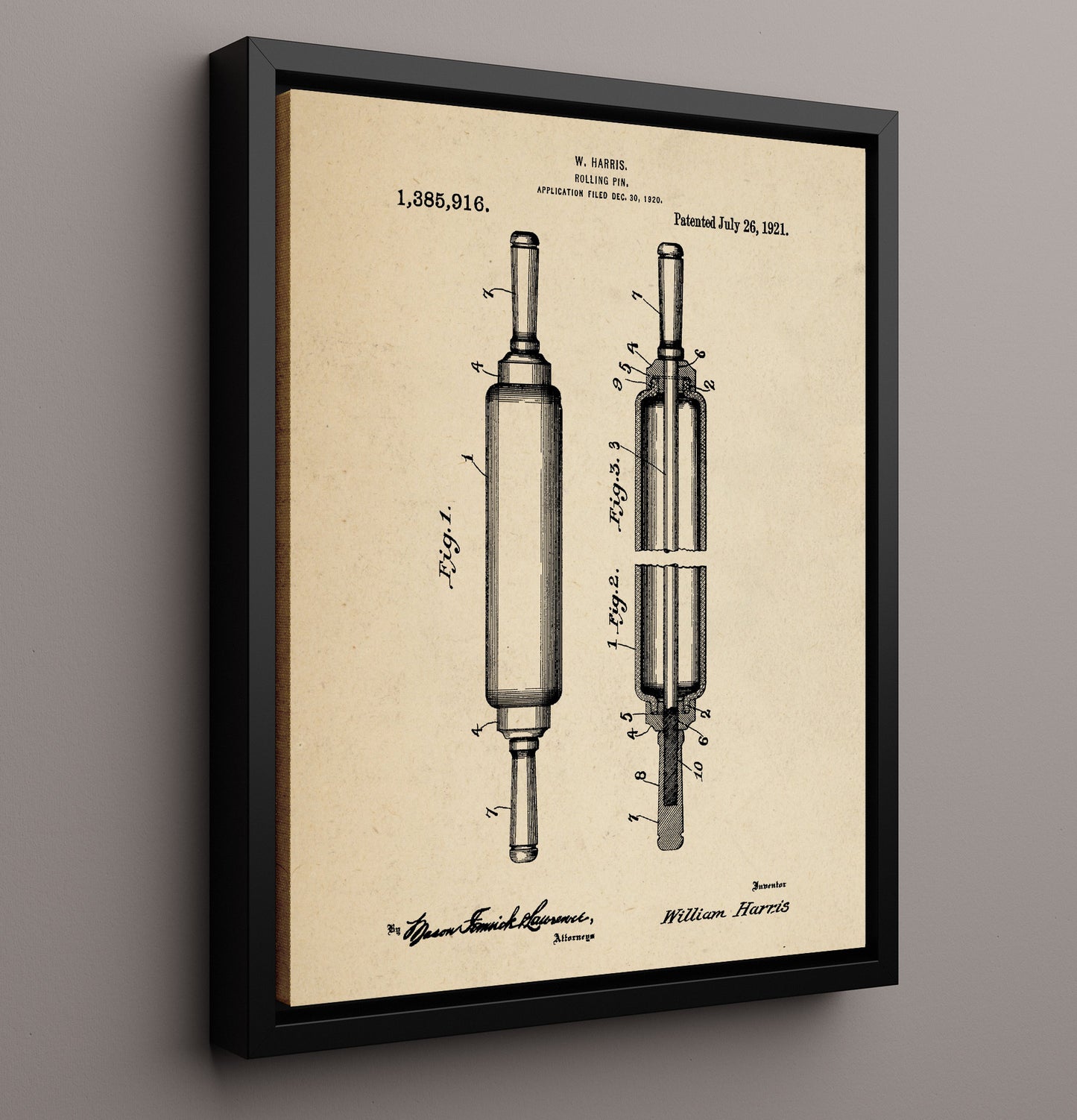 Patent Print - Rolling Pin - W. Harris - 1921 - Patent 1385916 Patent Wall Art