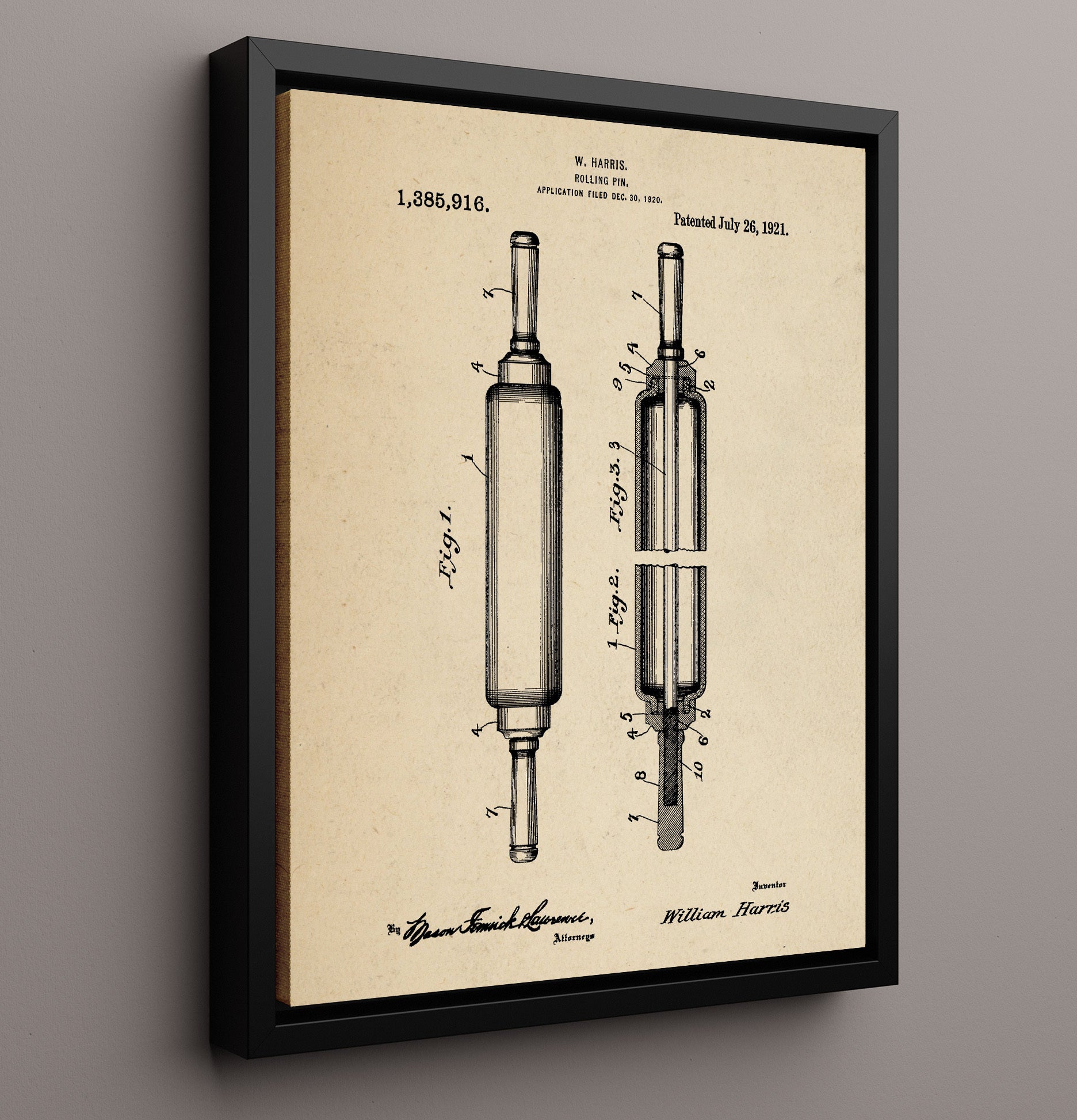 Patent Print - Rolling Pin - W. Harris - 1921 - Patent 1385916 Patent Wall Art