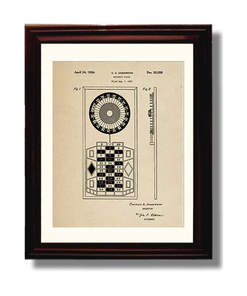 Patent Print - Roulette Board - Charles A Anderson - 1934 - Patent D92059 Patent Wall Art