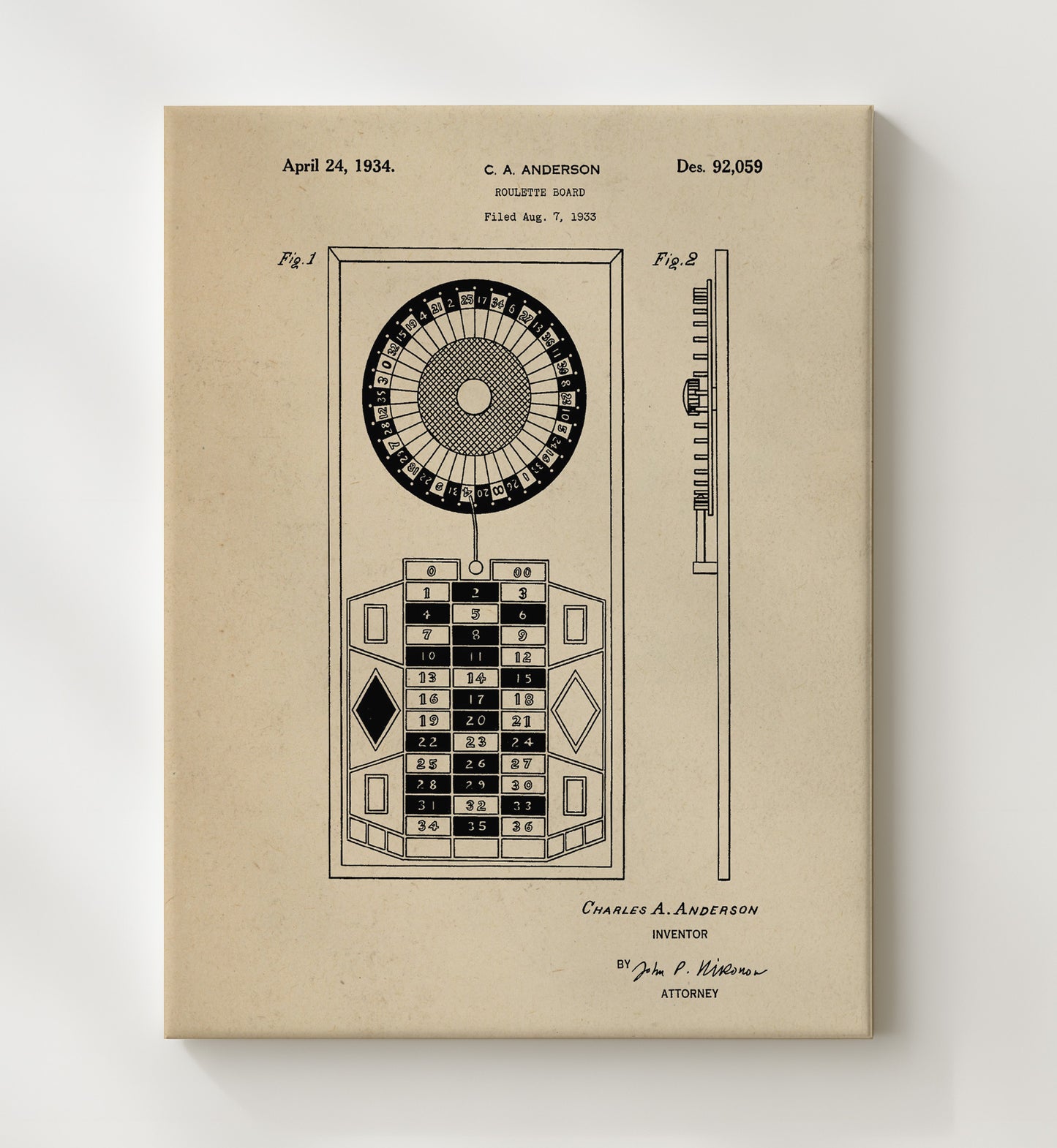 Patent Print - Roulette Board - Charles A Anderson - 1934 - Patent D92059 Patent Wall Art