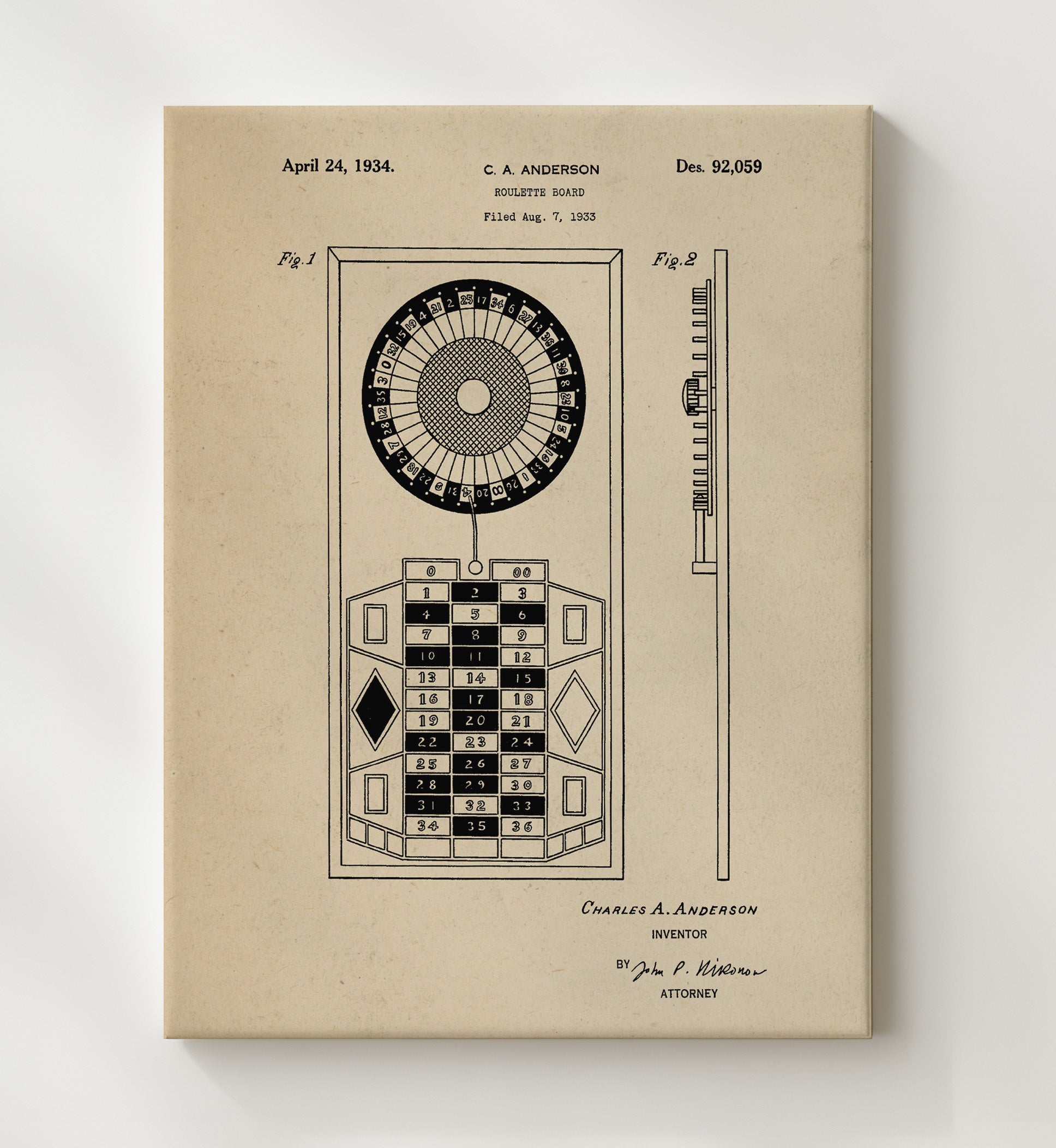 Patent Print - Roulette Board - Charles A Anderson - 1934 - Patent D92059 Patent Wall Art