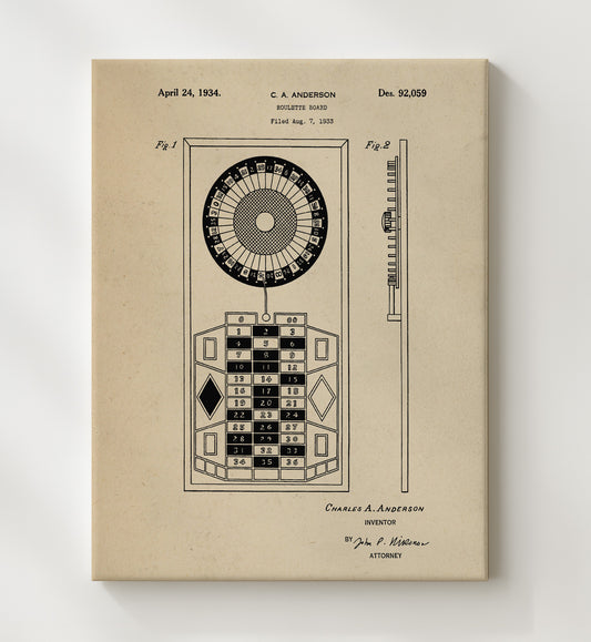 Roulette Board 1934 patent print wall art 8x10 Canvas