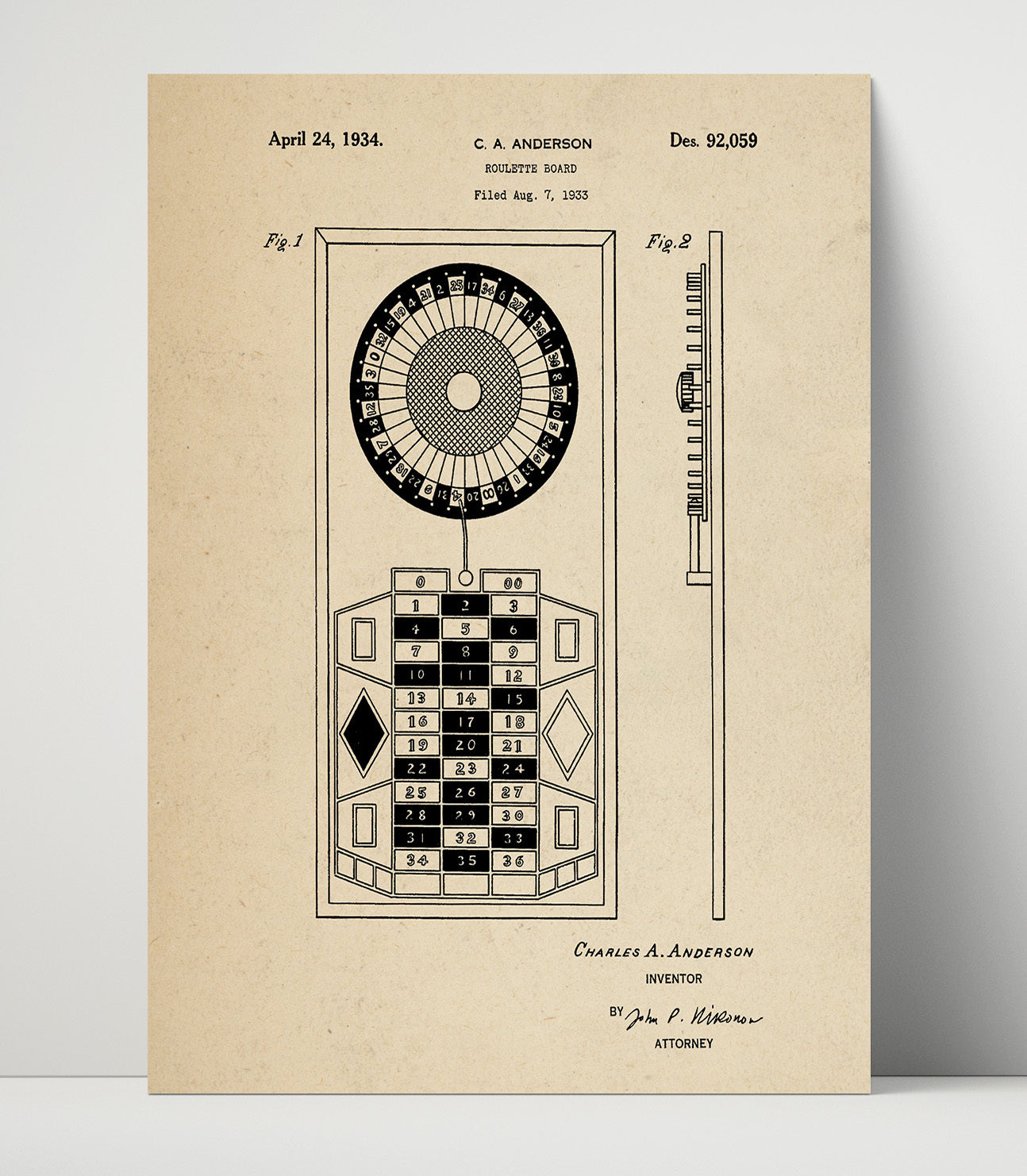 Patent Print - Roulette Board - Charles A Anderson - 1934 - Patent D92059 Patent Wall Art