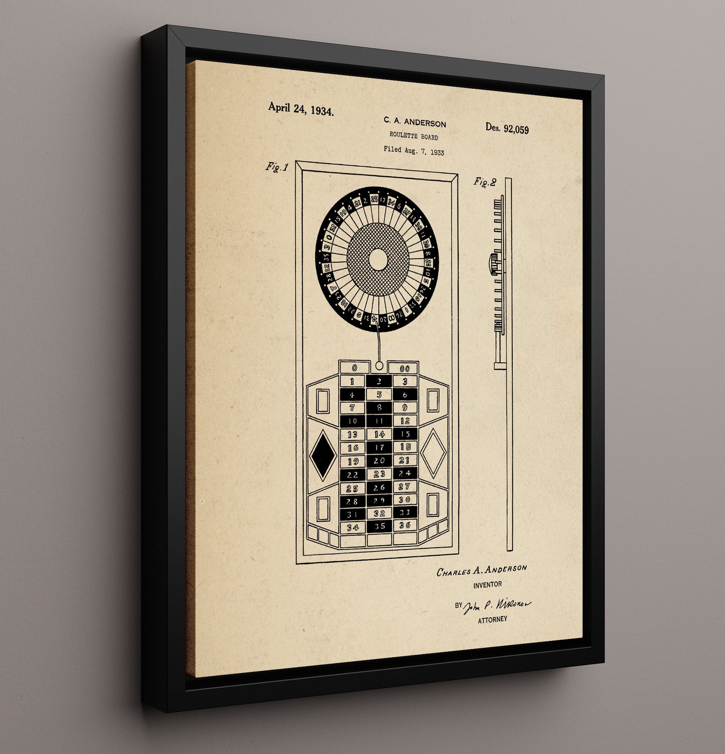 Patent Print - Roulette Board - Charles A Anderson - 1934 - Patent D92059 Patent Wall Art