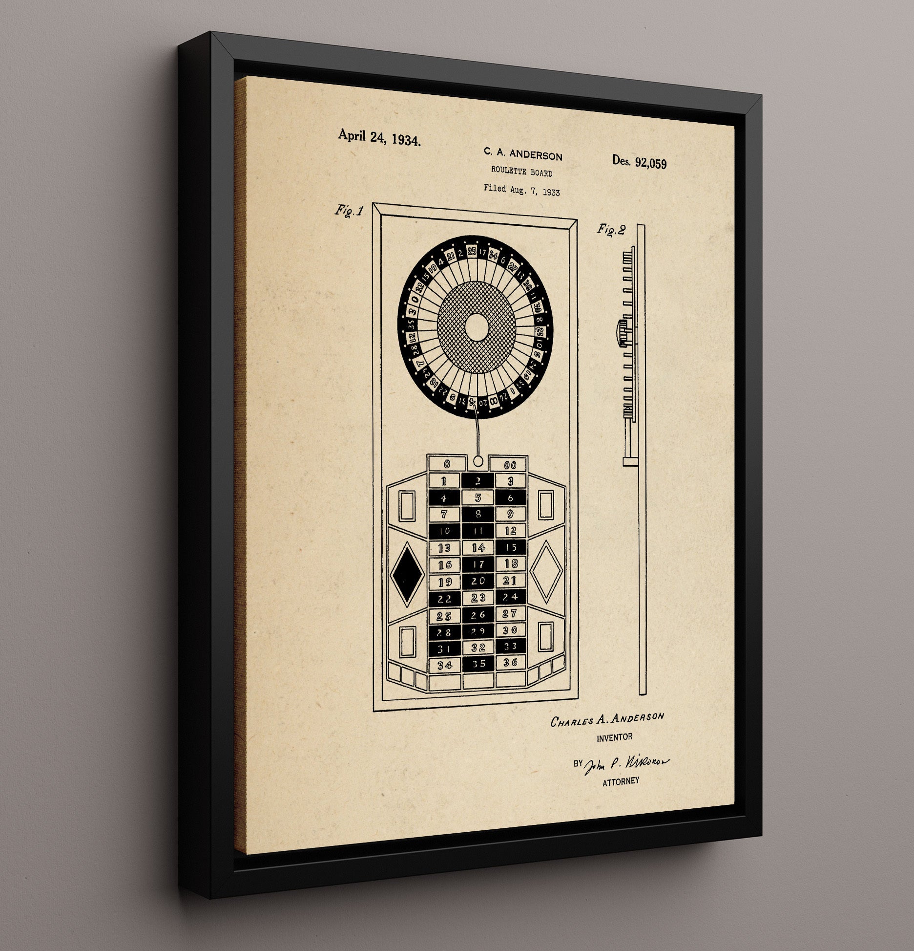 Patent Print - Roulette Board - Charles A Anderson - 1934 - Patent D92059 Patent Wall Art