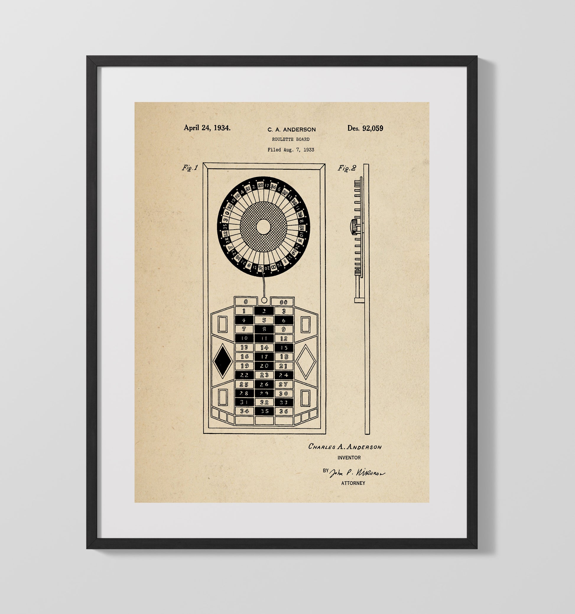 Patent Print - Roulette Board - Charles A Anderson - 1934 - Patent D92059 Patent Wall Art