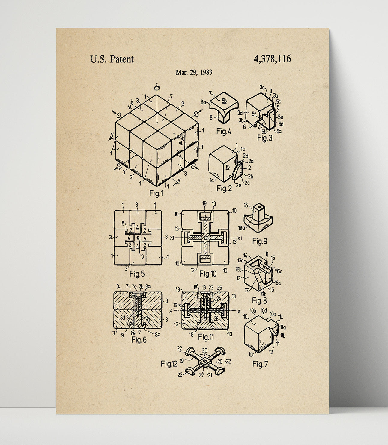 Patent Print - Rubiks Cube - Erno Rubik - 1983 - Patent 4378116 Patent Wall Art