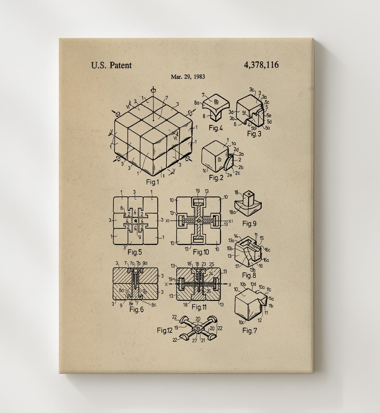 Patent Print - Rubiks Cube - Erno Rubik - 1983 - Patent 4378116 Patent Wall Art