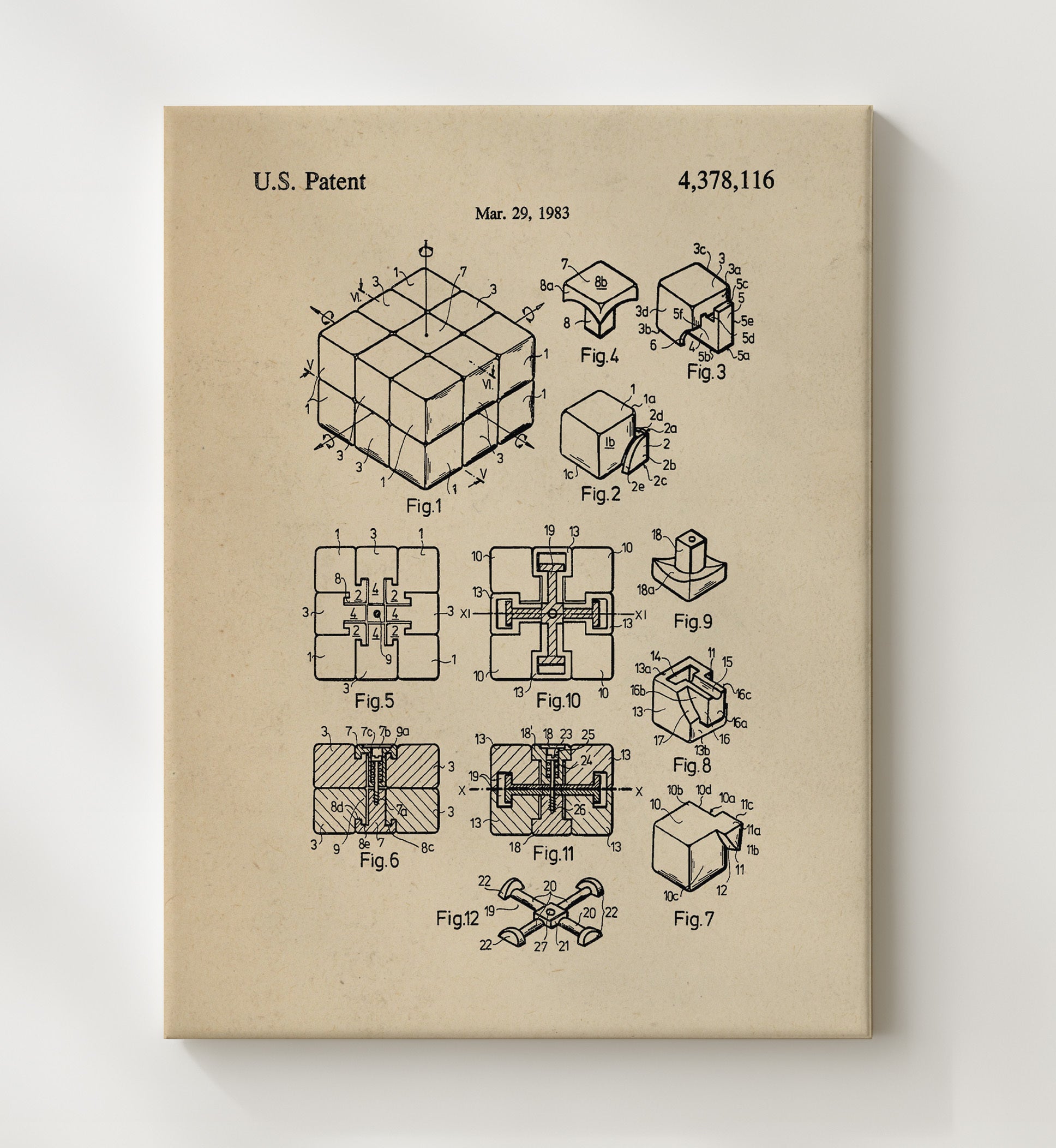Patent Print - Rubiks Cube - Erno Rubik - 1983 - Patent 4378116 Patent Wall Art
