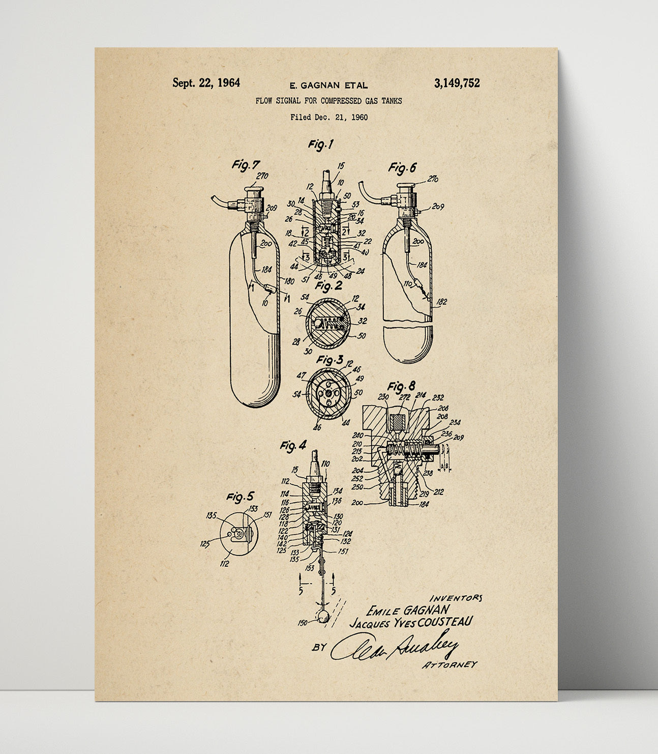 Patent Print - Scuba Flow Signal System - Jacques Yves Cousteau - 1964 - Patent 3149752 Patent Wall Art