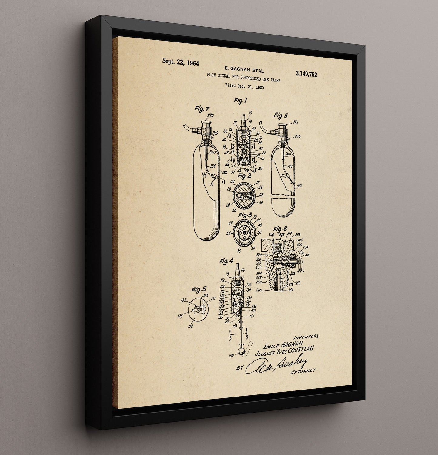 Patent Print - Scuba Flow Signal System - Jacques Yves Cousteau - 1964 - Patent 3149752 Patent Wall Art